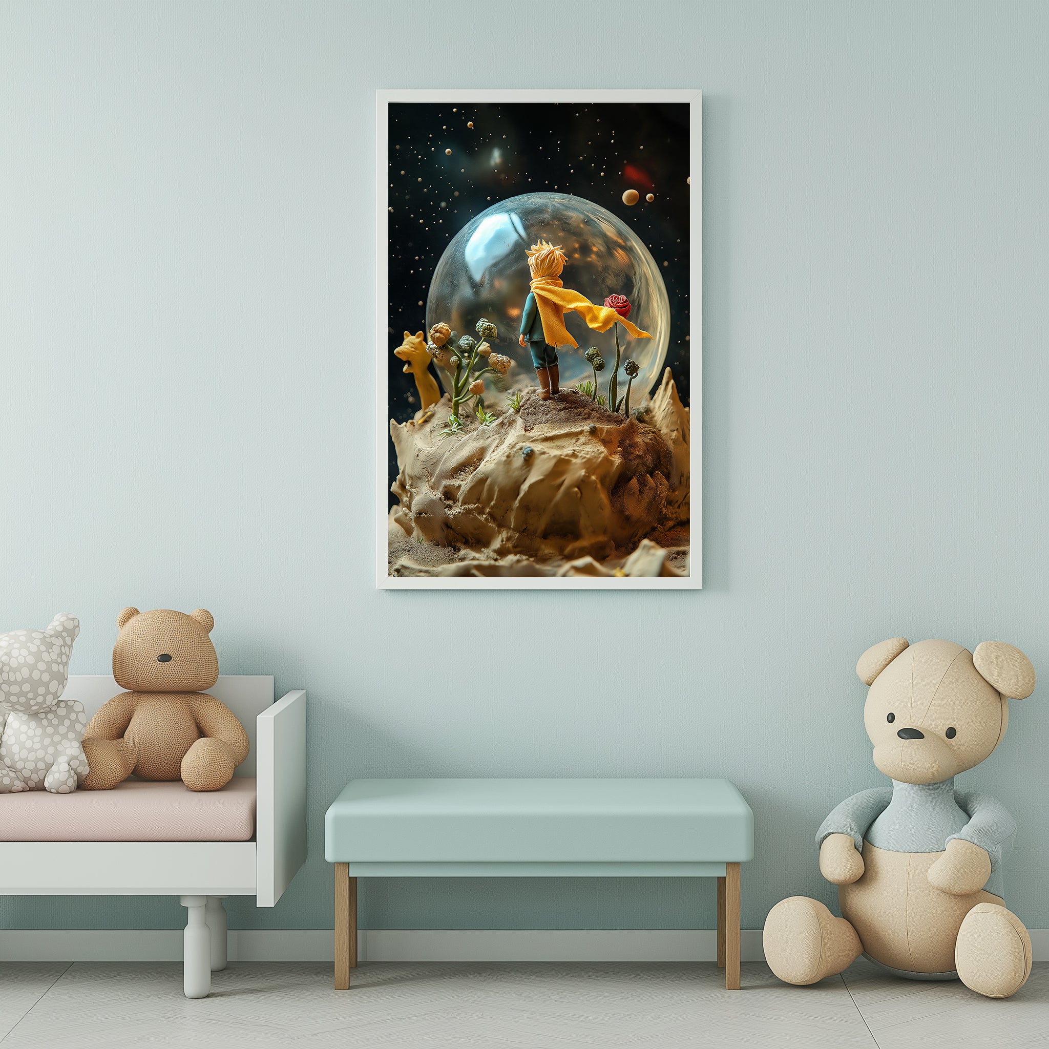 The Little Prince in a Snow Globe Wall Art Print — Saint-Exupéry Tribute Poster