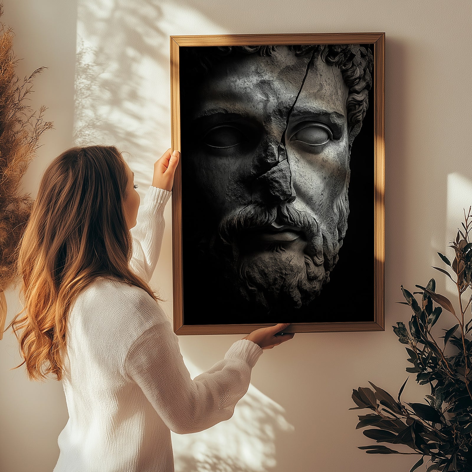 Stone Guardian Wall Art Print — Ancient Sculpted Face Poster