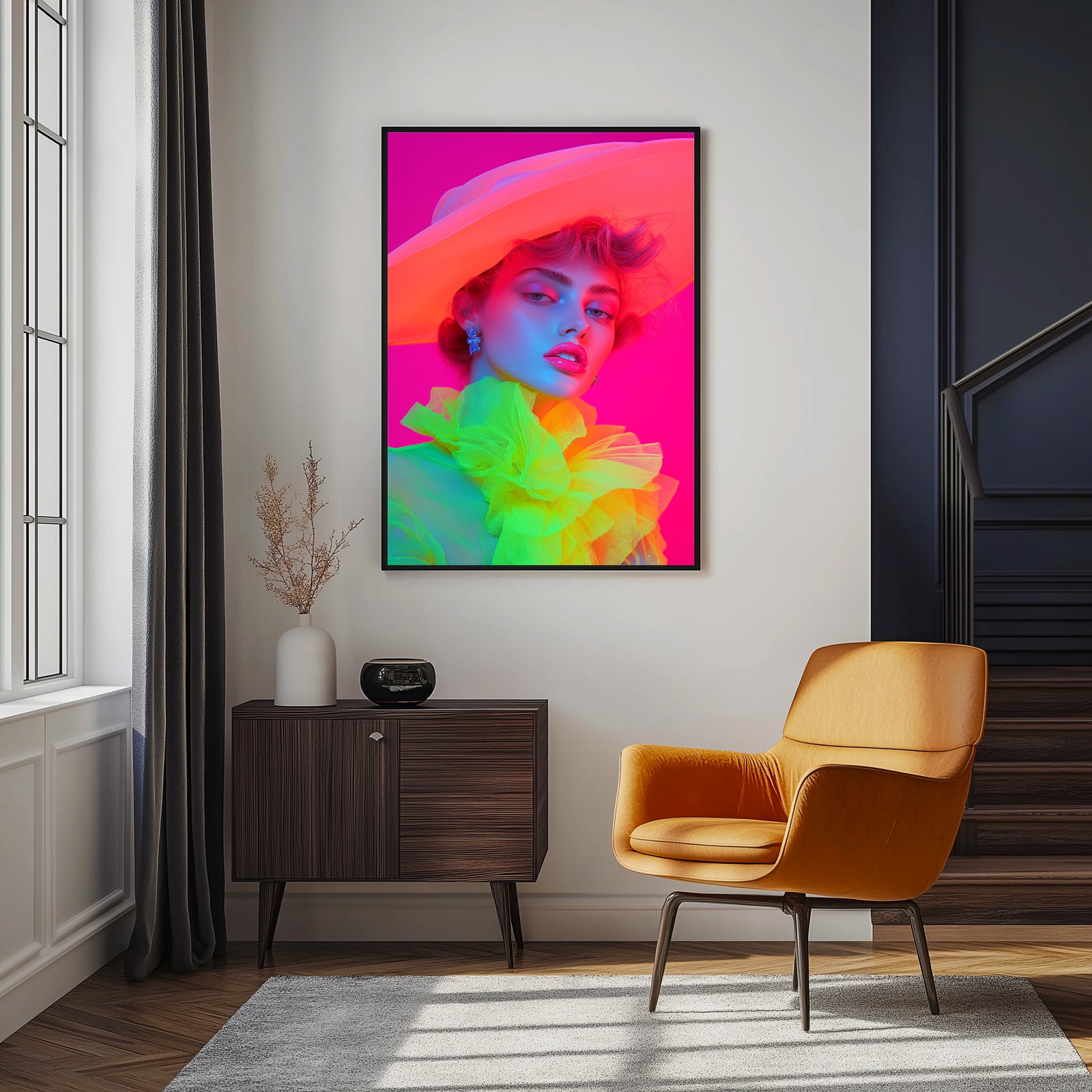 Hat and Hues Wall Art Print — Neon Pop Portrait Poster