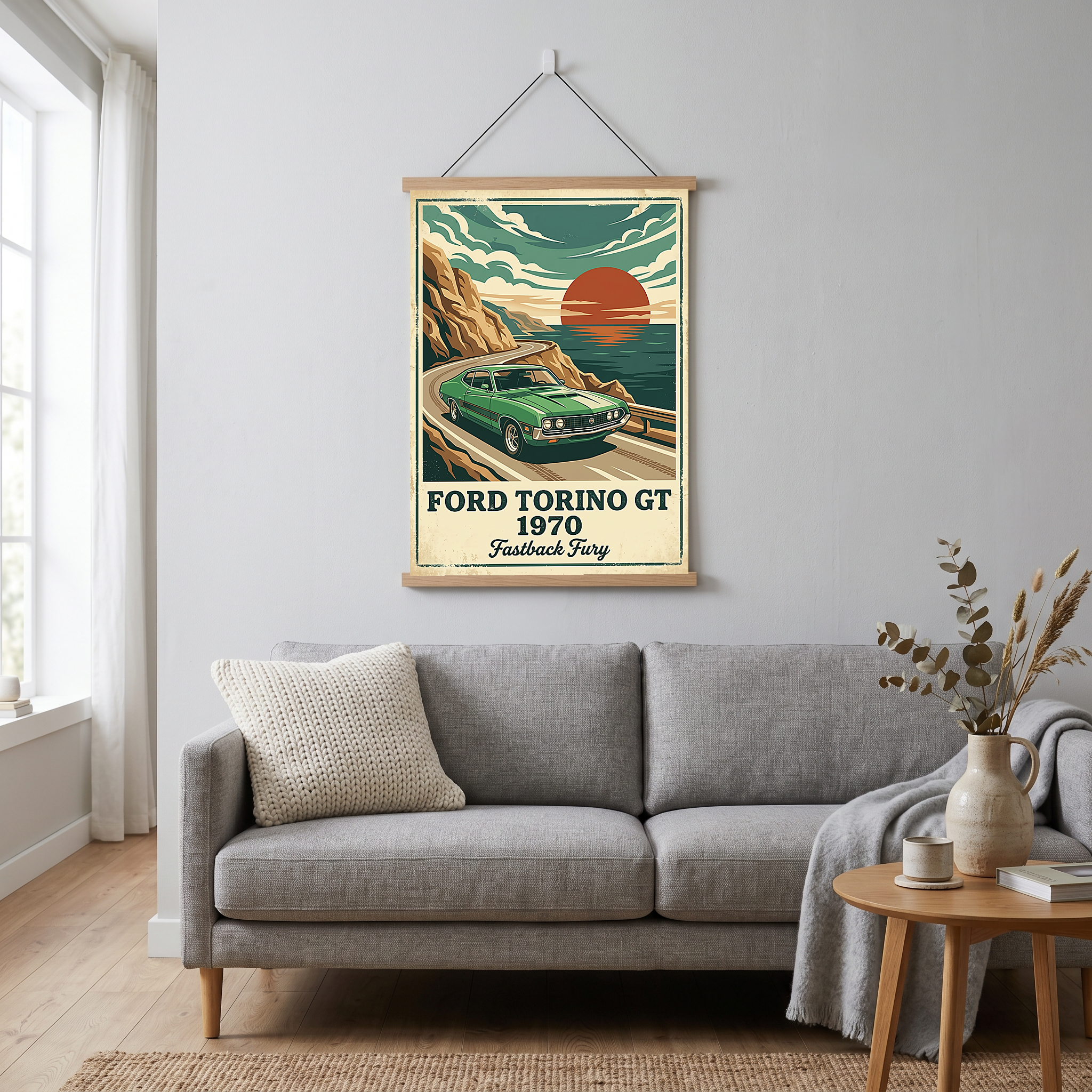 Ford Torino GT 1970 Poster — Vintage Muscle Car Coastal Cliff Sunset Print