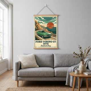 Ford Torino GT 1970 Poster — Vintage Muscle Car Coastal Cliff Sunset Print