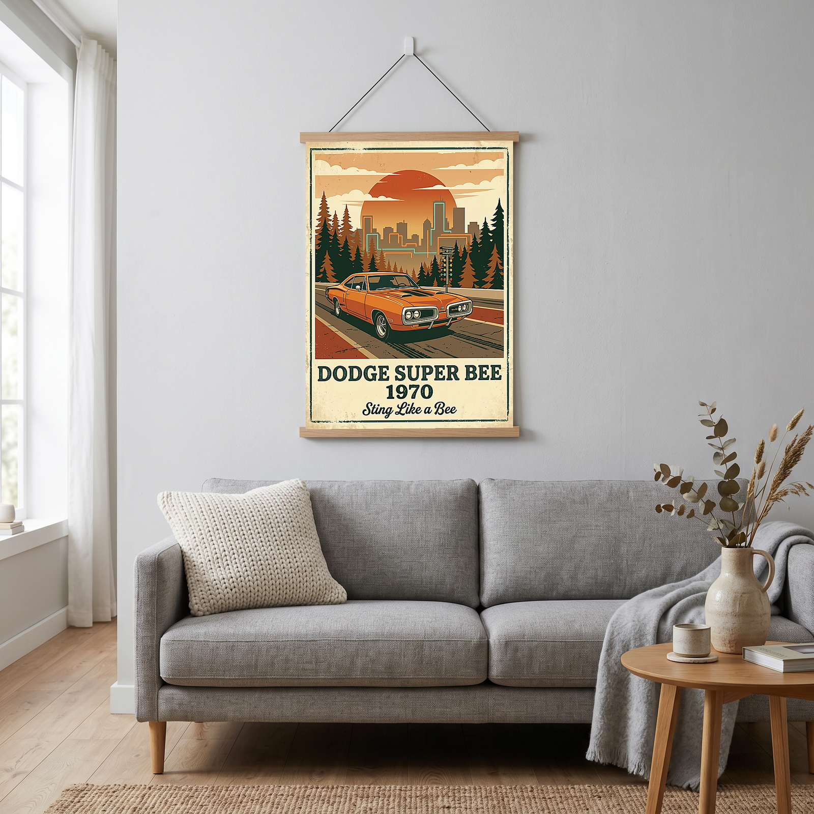 Dodge Super Bee 1970 Poster — Vintage Muscle Car City Skyline Print