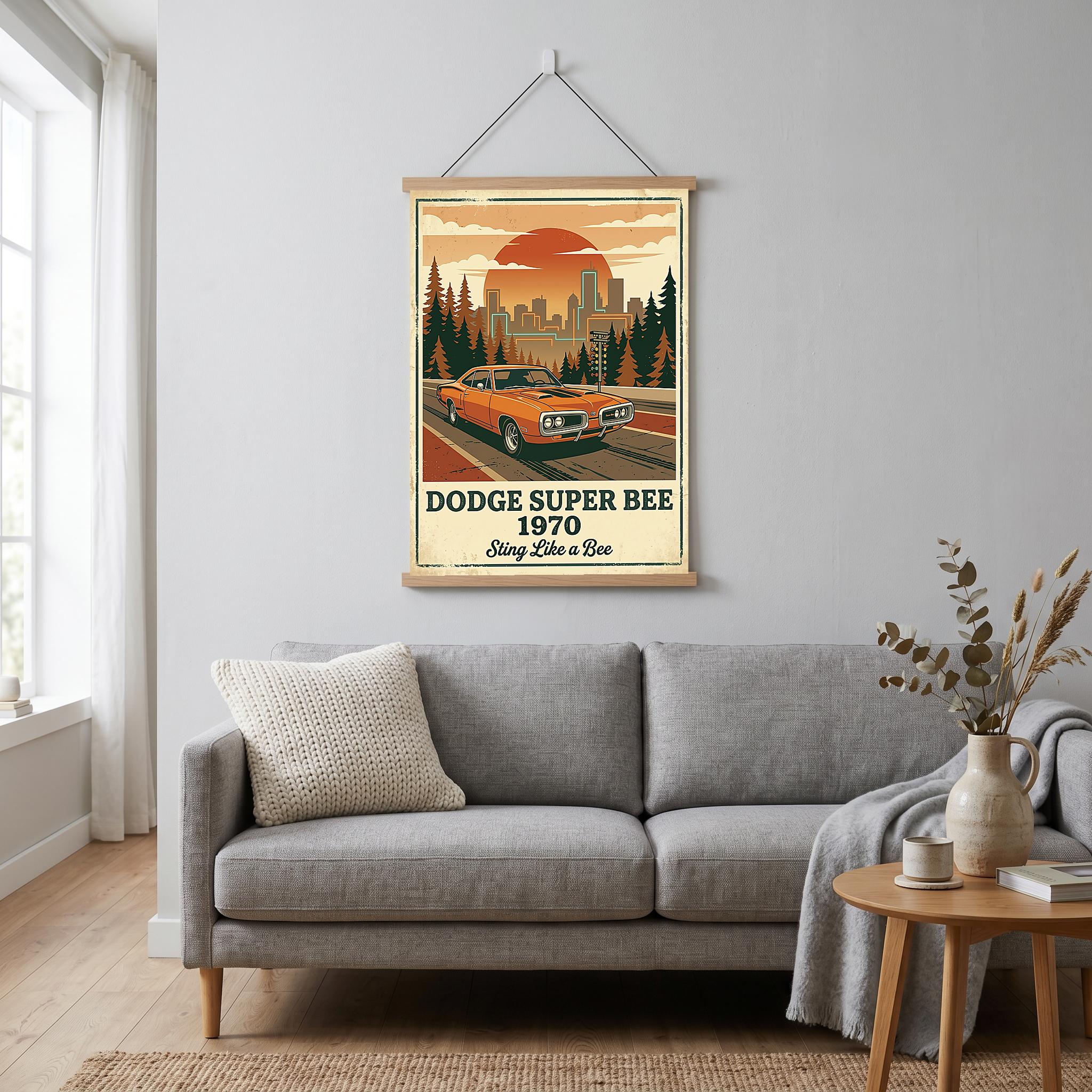 Dodge Super Bee 1970 Poster — Vintage Muscle Car City Skyline Print