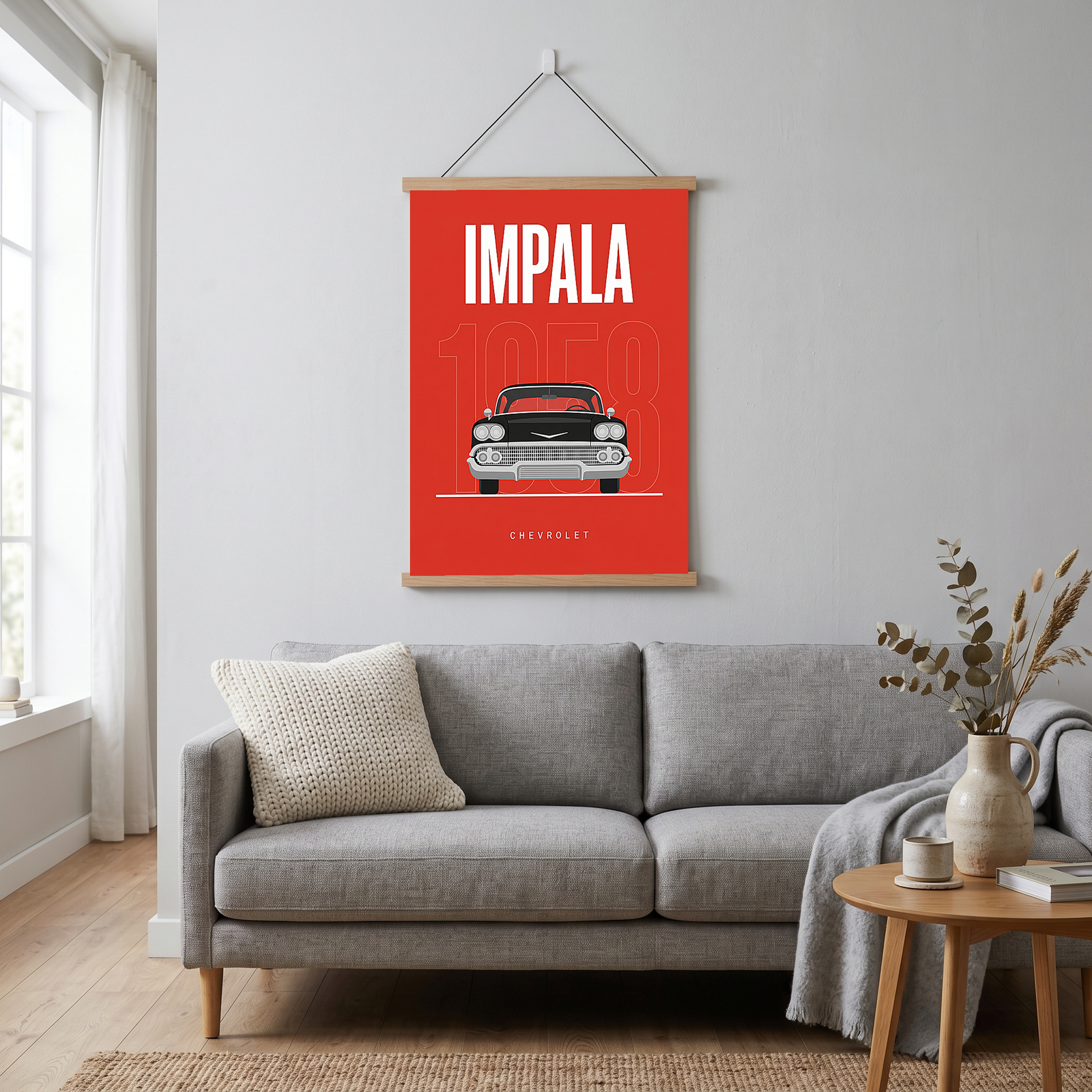Chevrolet Impala 1958 Minimalist Poster — Red Classic Muscle Line Art