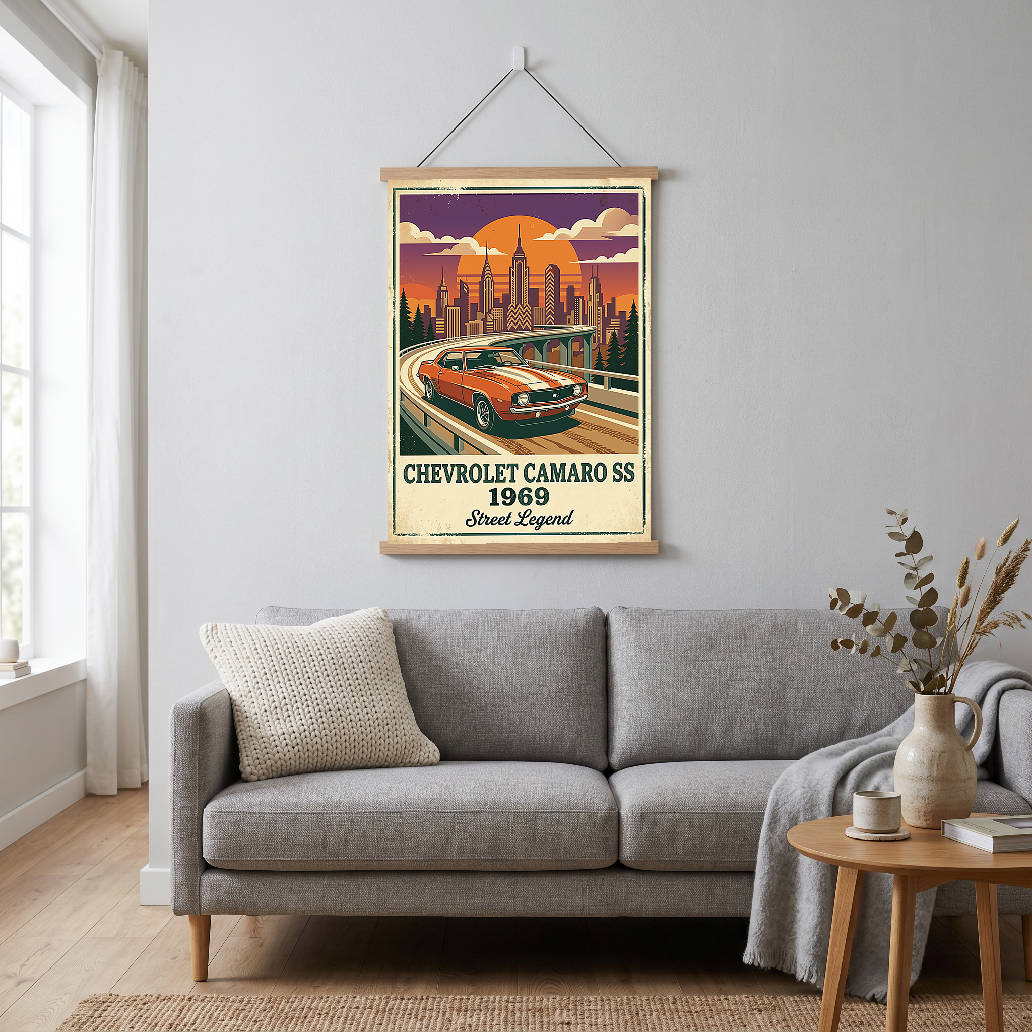 Chevrolet Camaro SS 1969 Poster — Vintage Muscle Car City Skyline Print