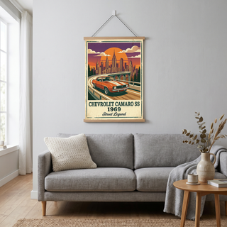 Chevrolet Camaro SS 1969 Poster — Vintage Muscle Car City Skyline Print