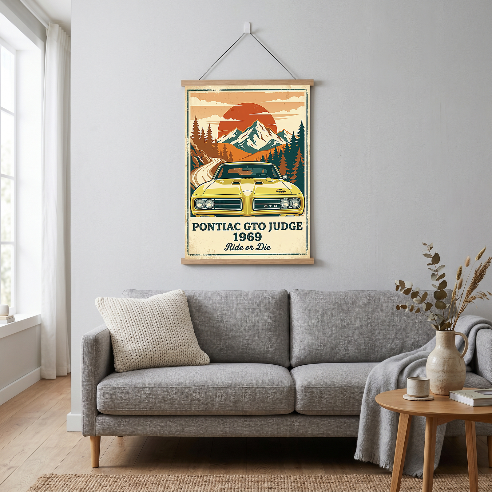 Pontiac GTO Judge 1969 Poster — Vintage Muscle Car Mountain Sunset Print