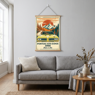 Pontiac GTO Judge 1969 Poster — Vintage Muscle Car Mountain Sunset Print