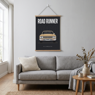 Plymouth Road Runner 1968 V2 Minimalist Poster — Sand on Charcoal Muscle Line Art