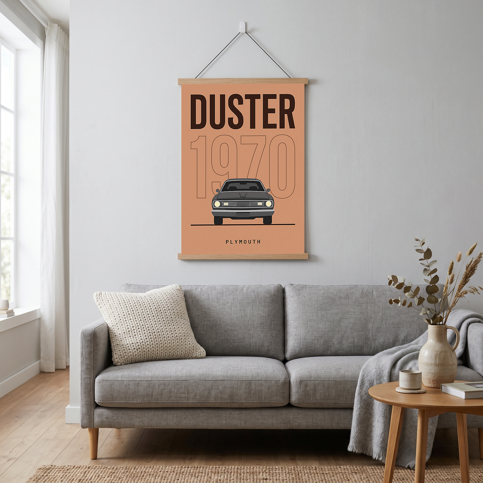Plymouth Duster 1970 Minimalist Poster — Terracotta Muscle Car Line Art
