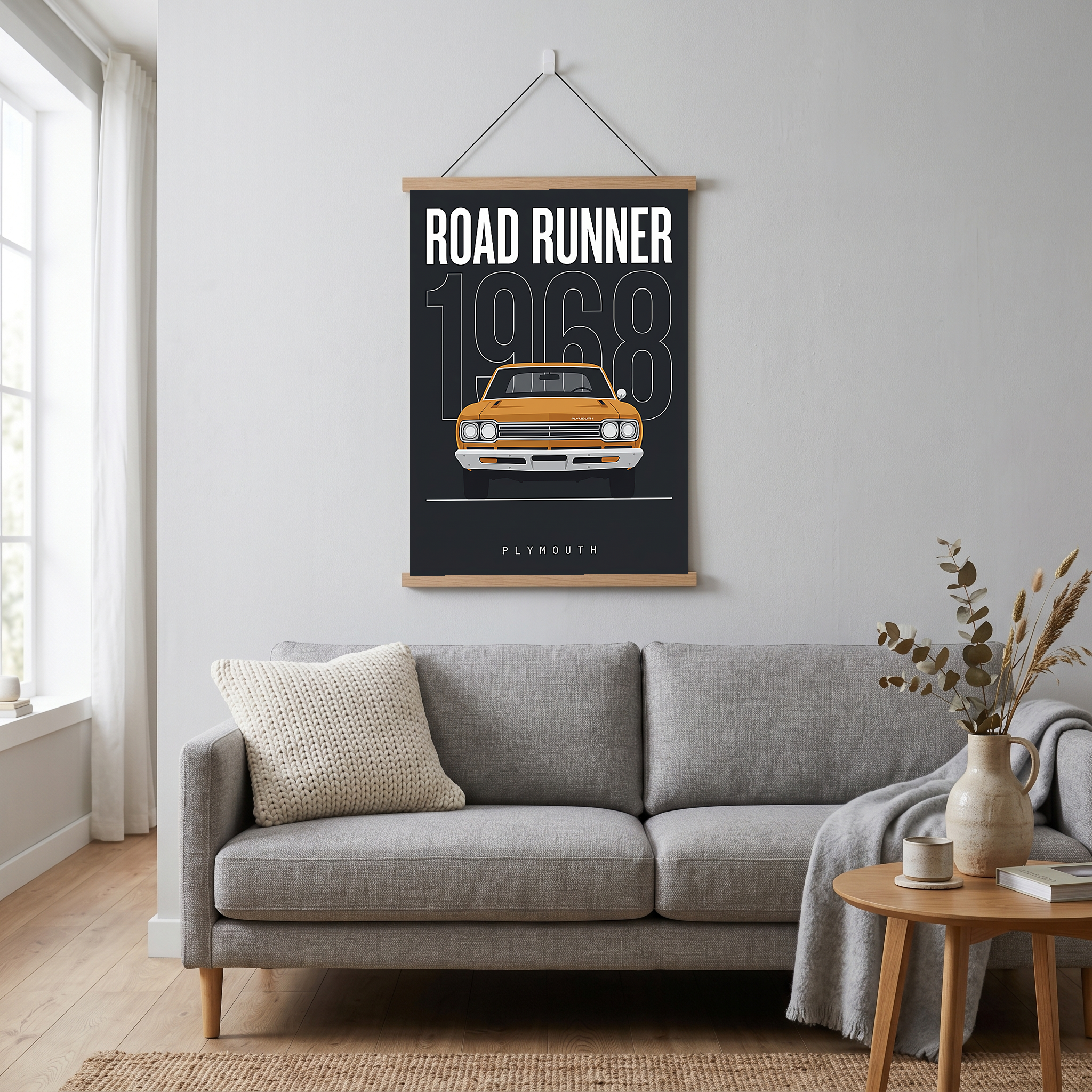 Plymouth Road Runner 1968 Minimalist Poster — Charcoal Muscle Car Line Art