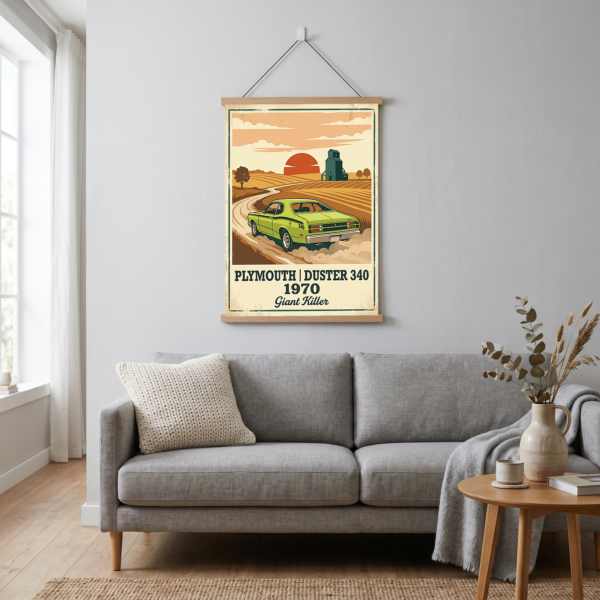 Plymouth Duster 340 1970 Poster — Vintage Muscle Car Country Wheat Print