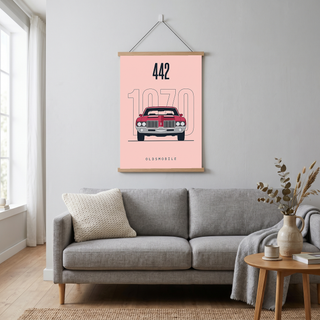 Oldsmobile 442 1970 Minimalist Poster — Blush Pink Muscle Car Line Art
