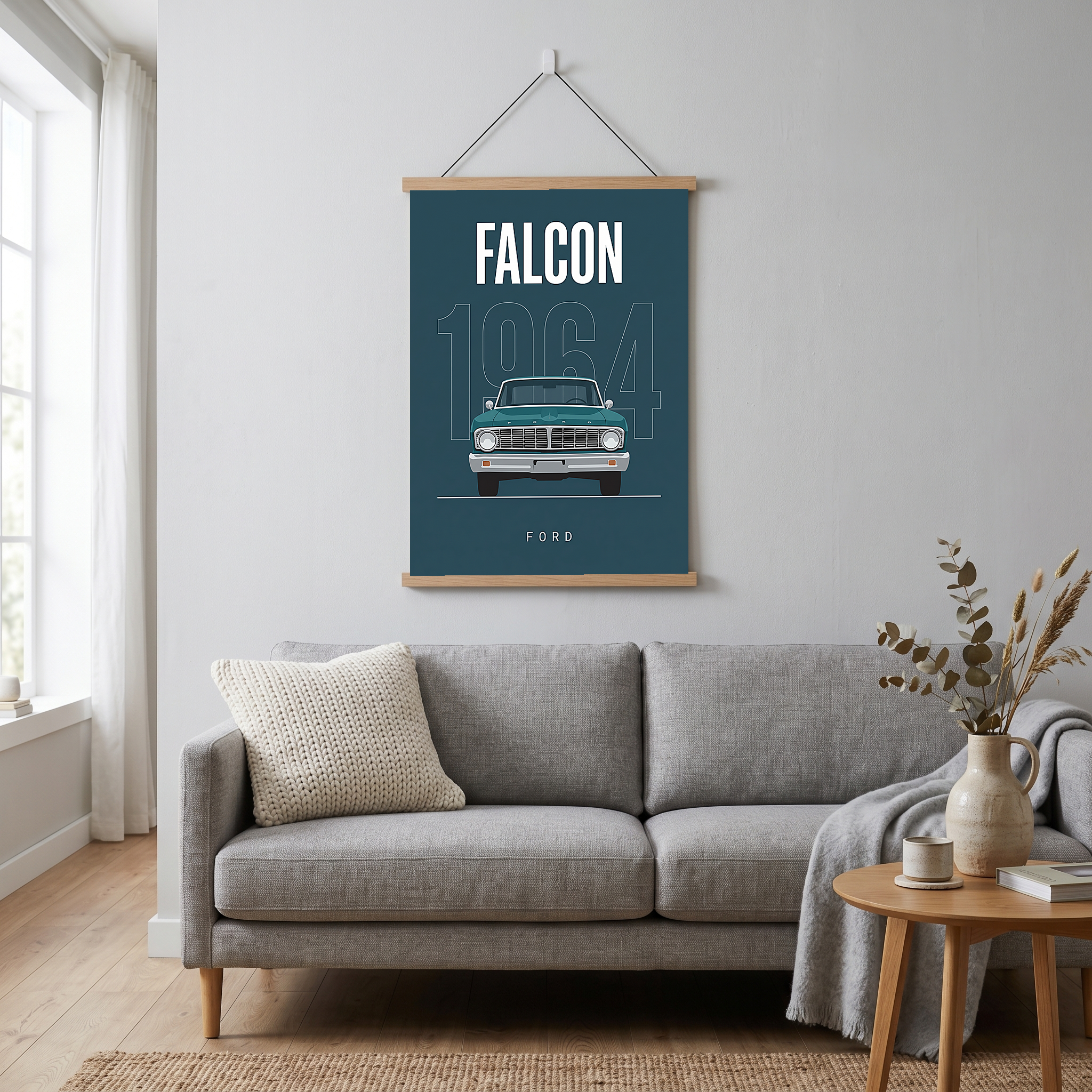 Ford Falcon 1964 Minimalist Poster — Teal Compact Muscle Line Art