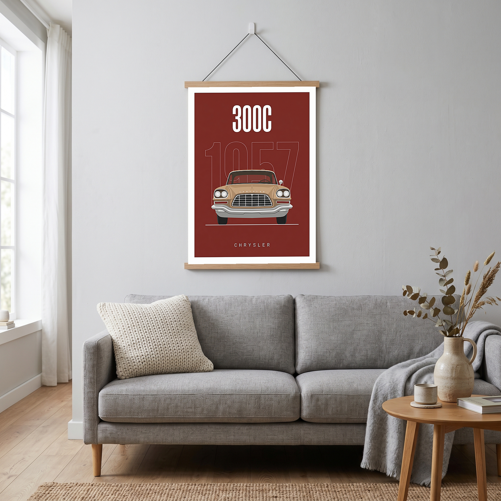 Chrysler 300C 1957 Minimalist Poster — Crimson Letter Series Line Art