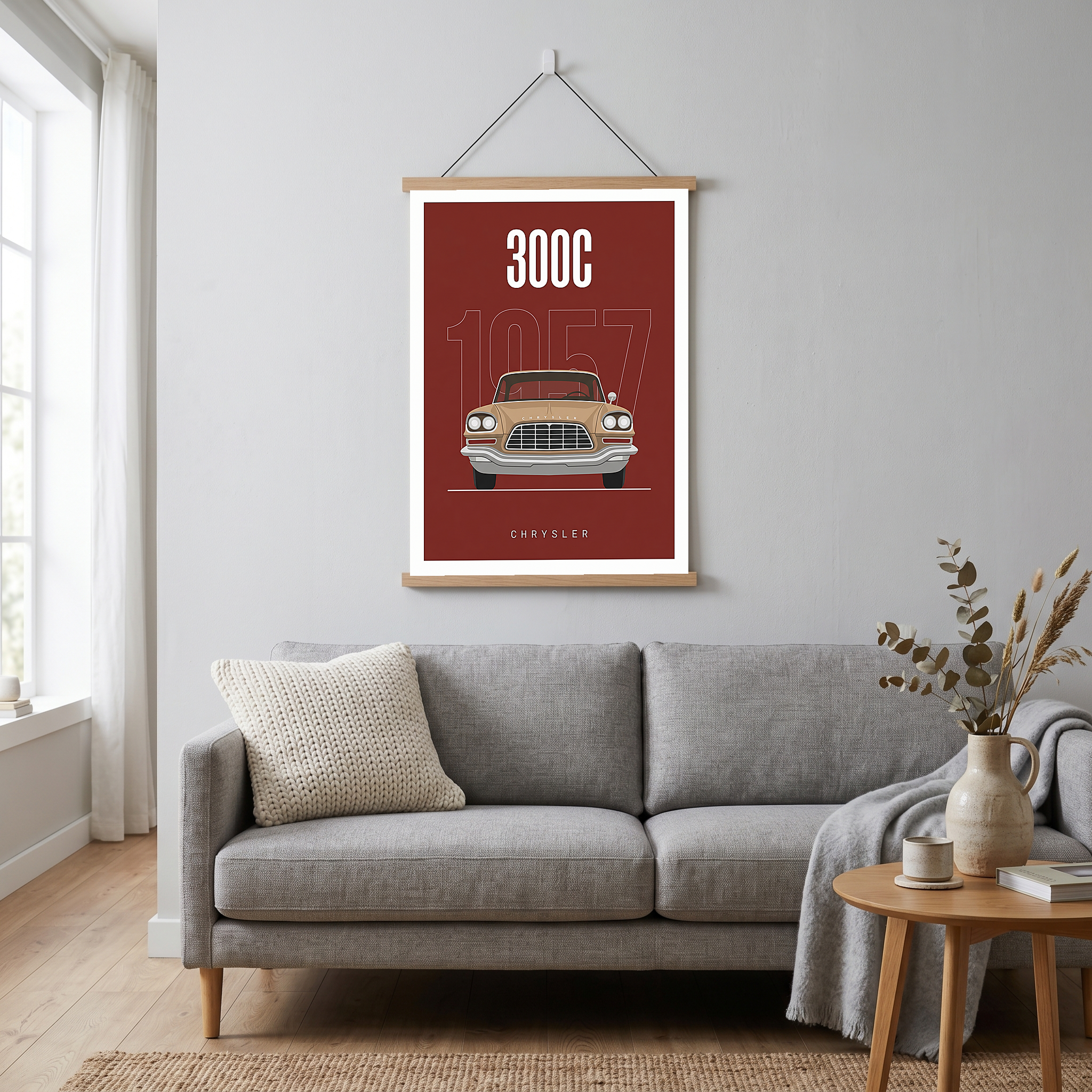 Chrysler 300C 1957 Minimalist Poster — Crimson Letter Series Line Art