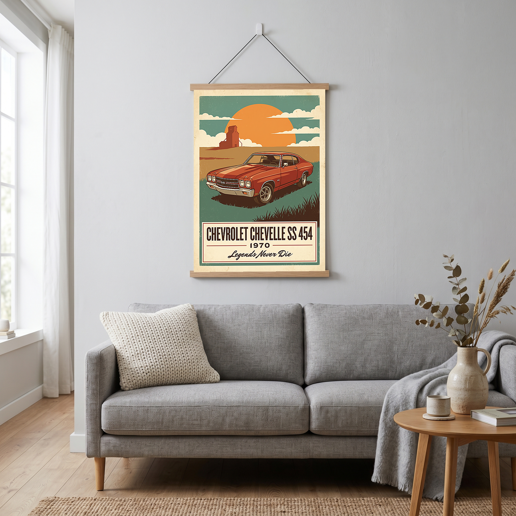 Chevrolet Chevelle SS 454 1970 V8 Sunset Silo Poster — Vintage Muscle Heartland Print