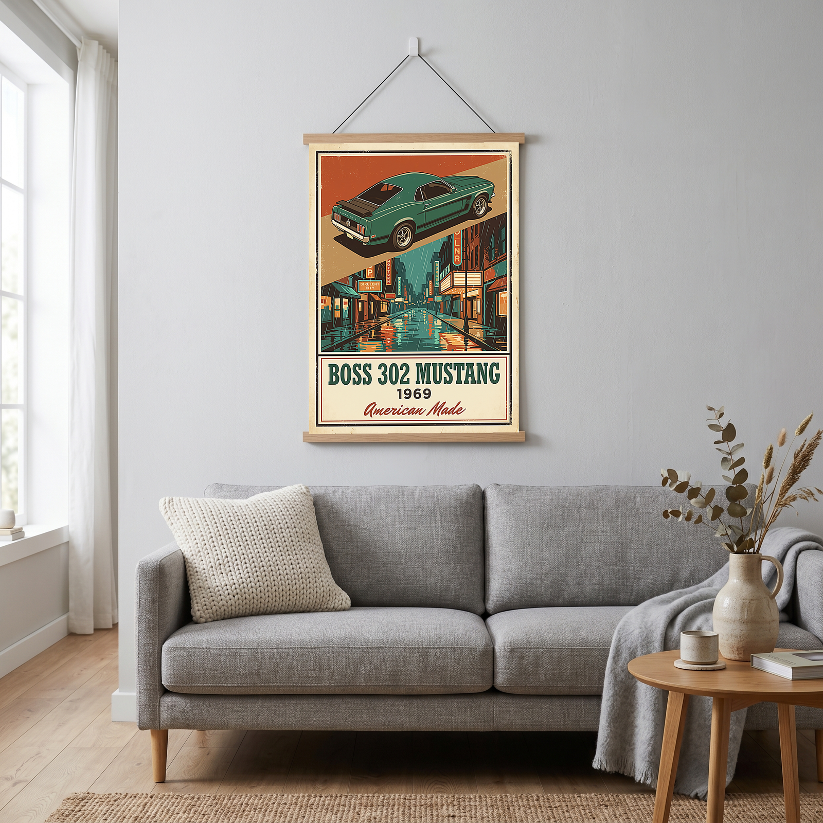 Boss 302 Mustang 1969 V2 Poster — Vintage Muscle Rainy Cinema Street Print