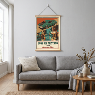 Boss 302 Mustang 1969 V2 Poster — Vintage Muscle Rainy Cinema Street Print