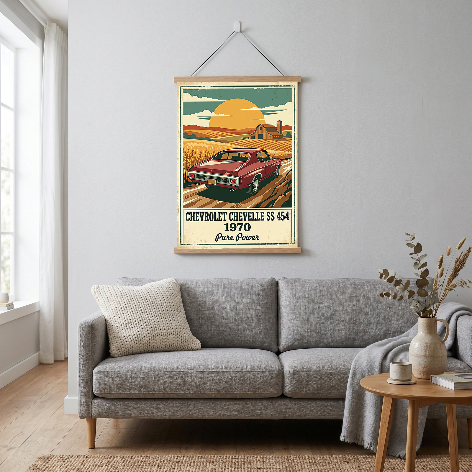 Chevrolet Chevelle SS 454 1970 V3 Poster — Vintage Muscle Car Wheat Field Barn Print
