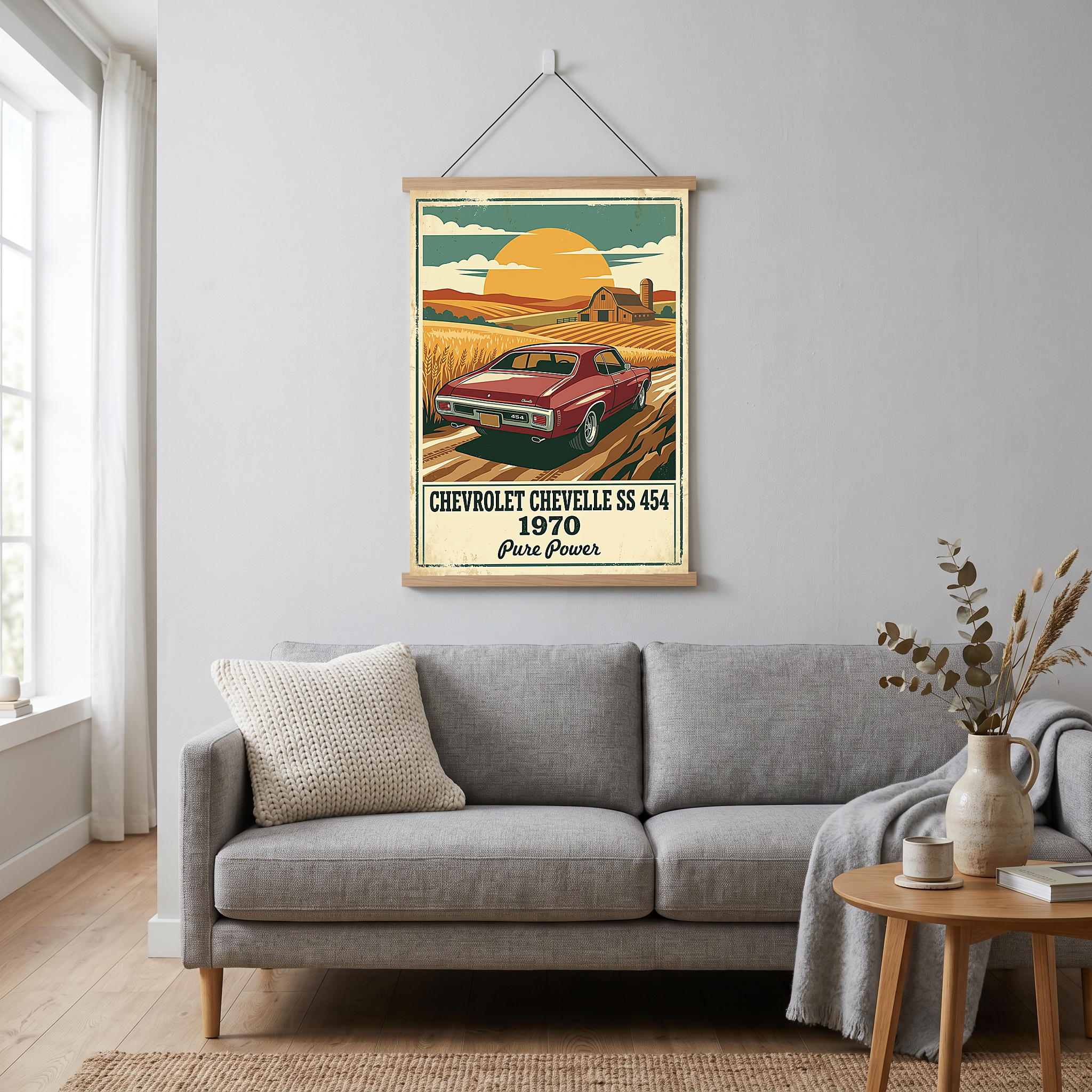 Chevrolet Chevelle SS 454 1970 V3 Poster — Vintage Muscle Car Wheat Field Barn Print