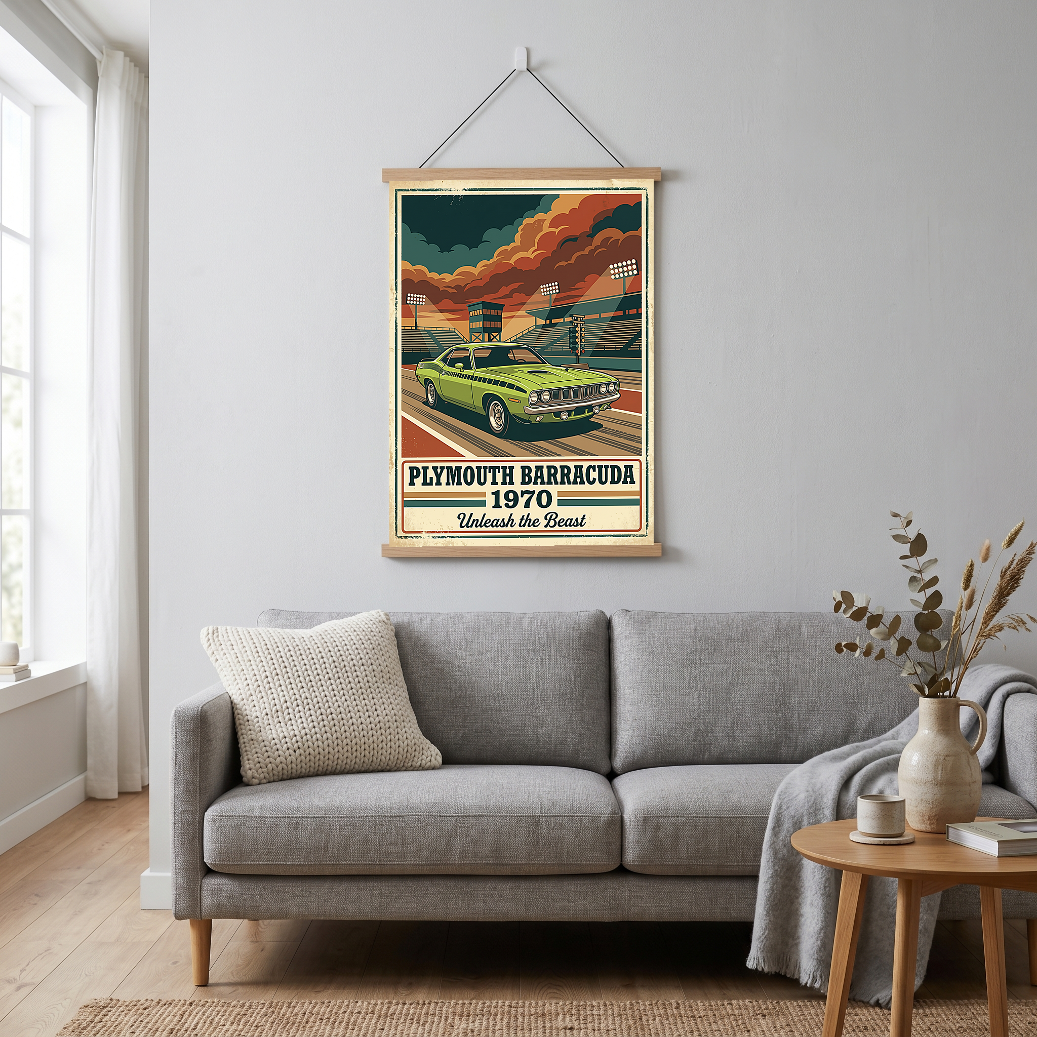 Plymouth Barracuda 1970 Poster — Vintage Muscle Car Race Track Print