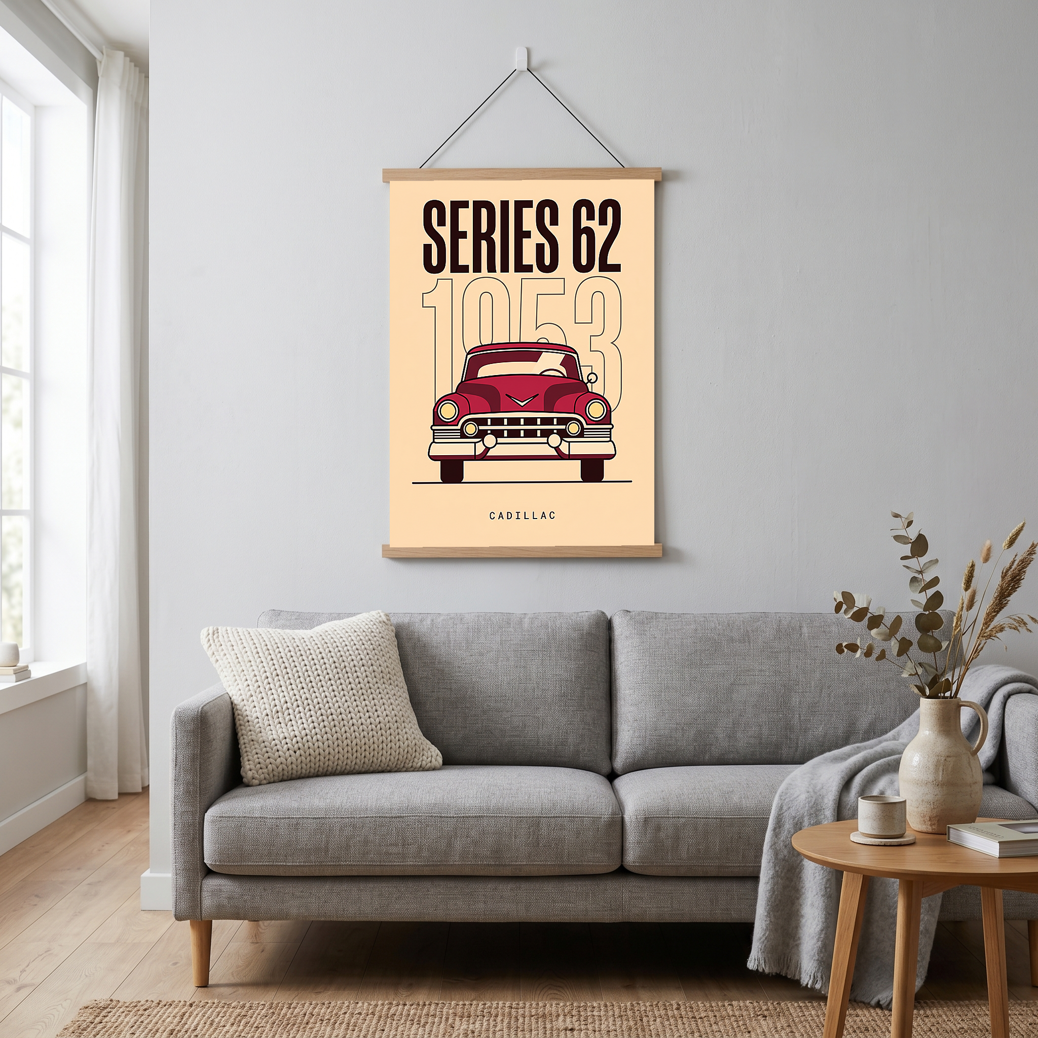Cadillac Series 62 1953 Minimalist Poster — Cream Classic Car Line Art