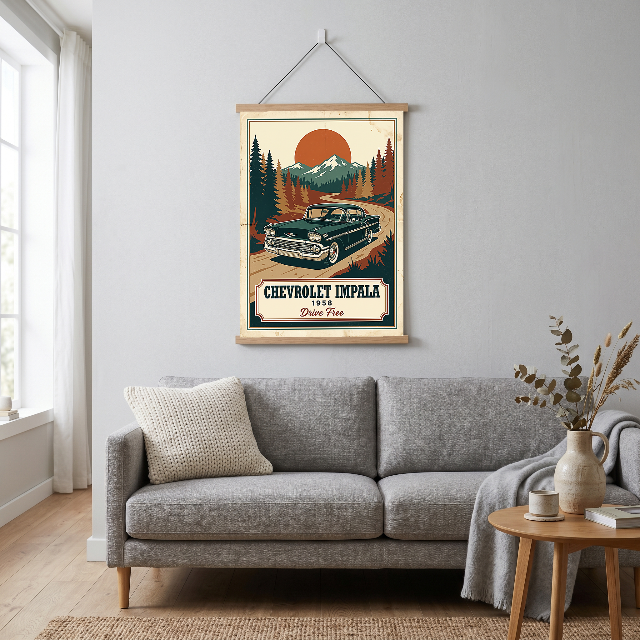 Chevrolet Impala 1958 Poster — Vintage Muscle Mountain Pine Sunset Print