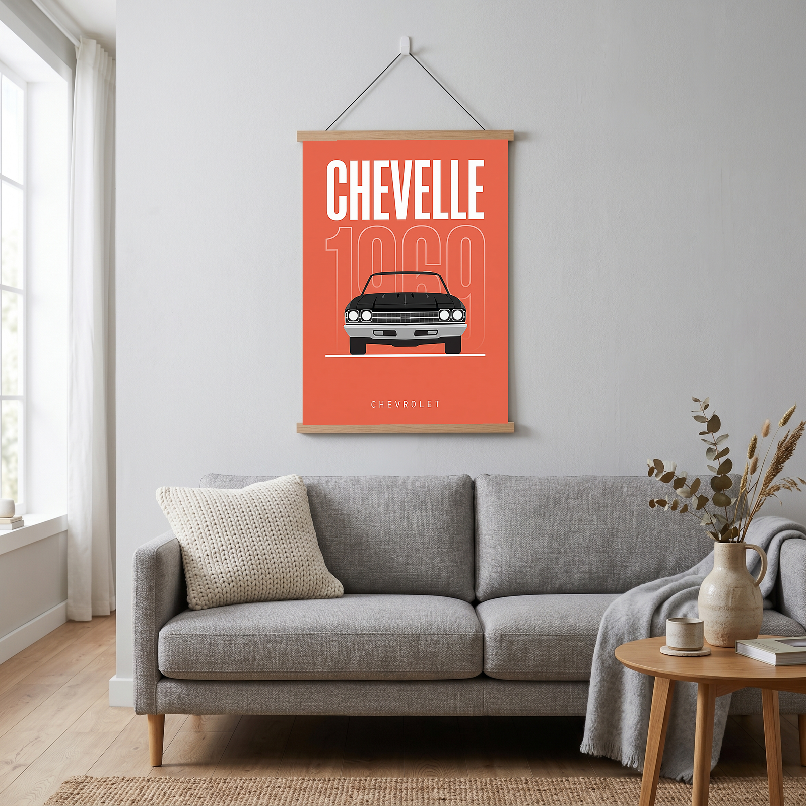 Chevrolet Chevelle 1969 Minimalist Poster — Coral Convertible Muscle Line Art