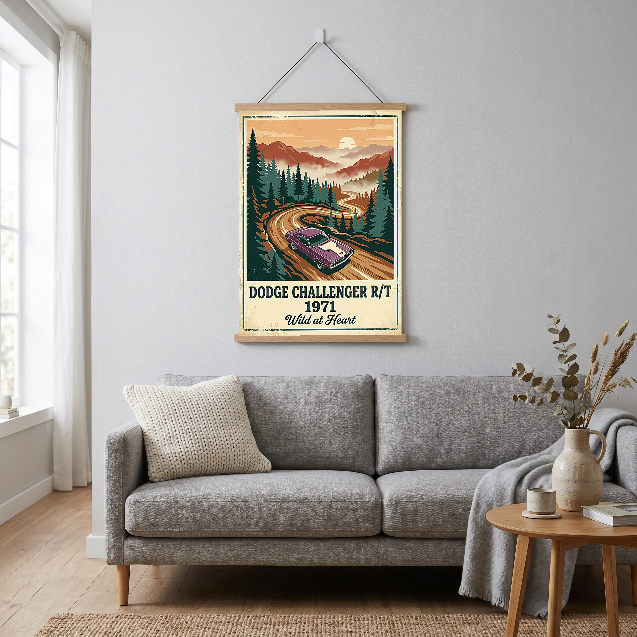 Dodge Challenger R/T 1971 V2 Poster — Vintage Muscle Misty Pine Mountain Print