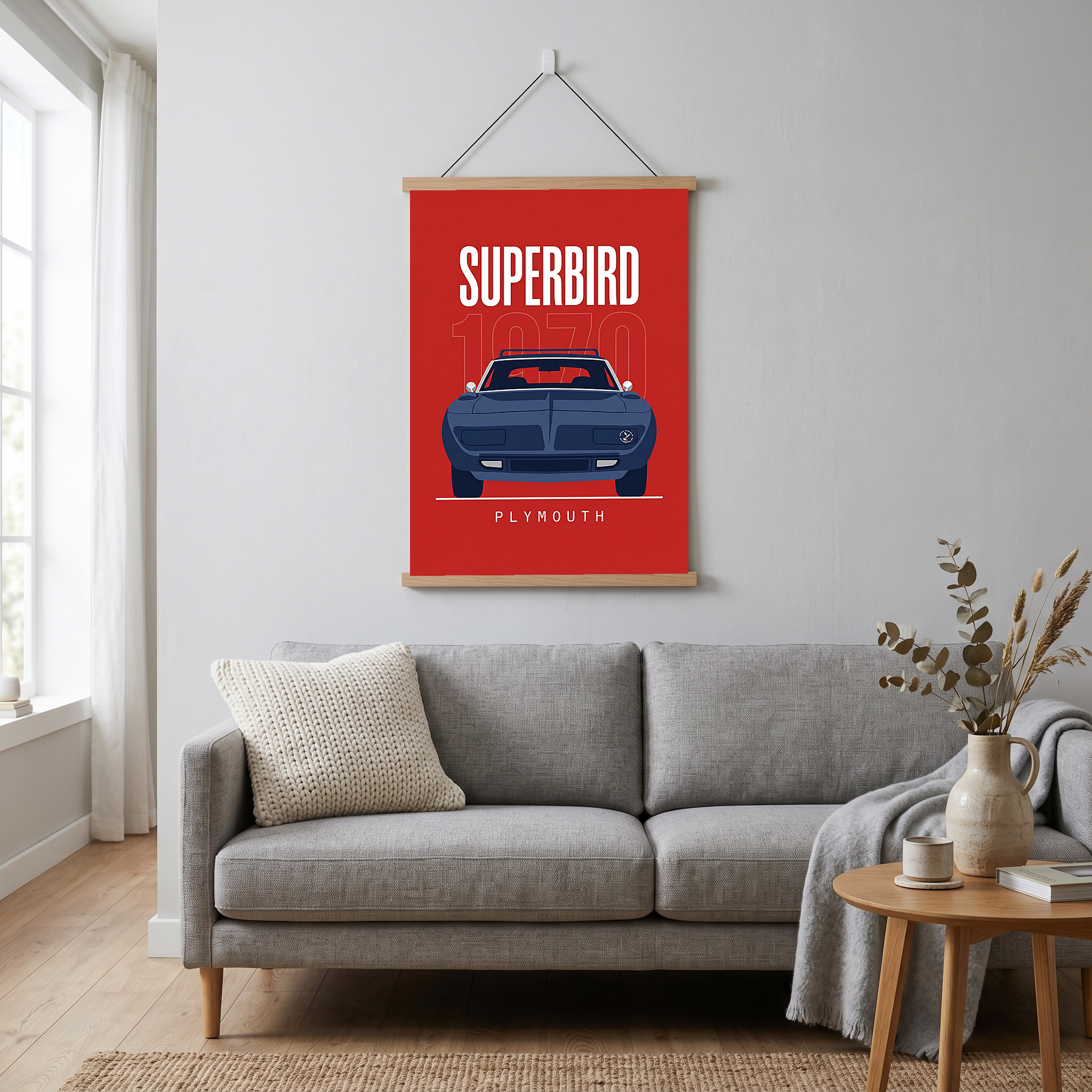 Plymouth Superbird 1970 Minimalist Poster — Red Aero Wing Muscle Line Art