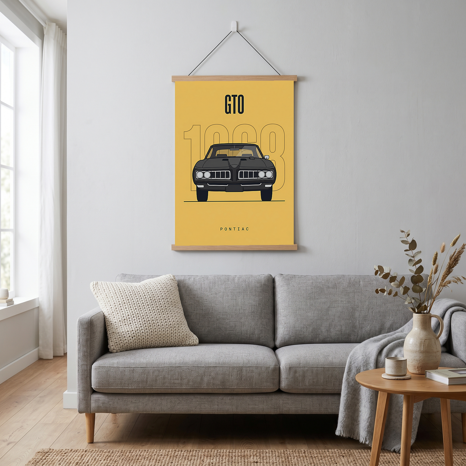 Pontiac GTO 1968 Minimalist Poster — Golden Yellow Muscle Car Line Art
