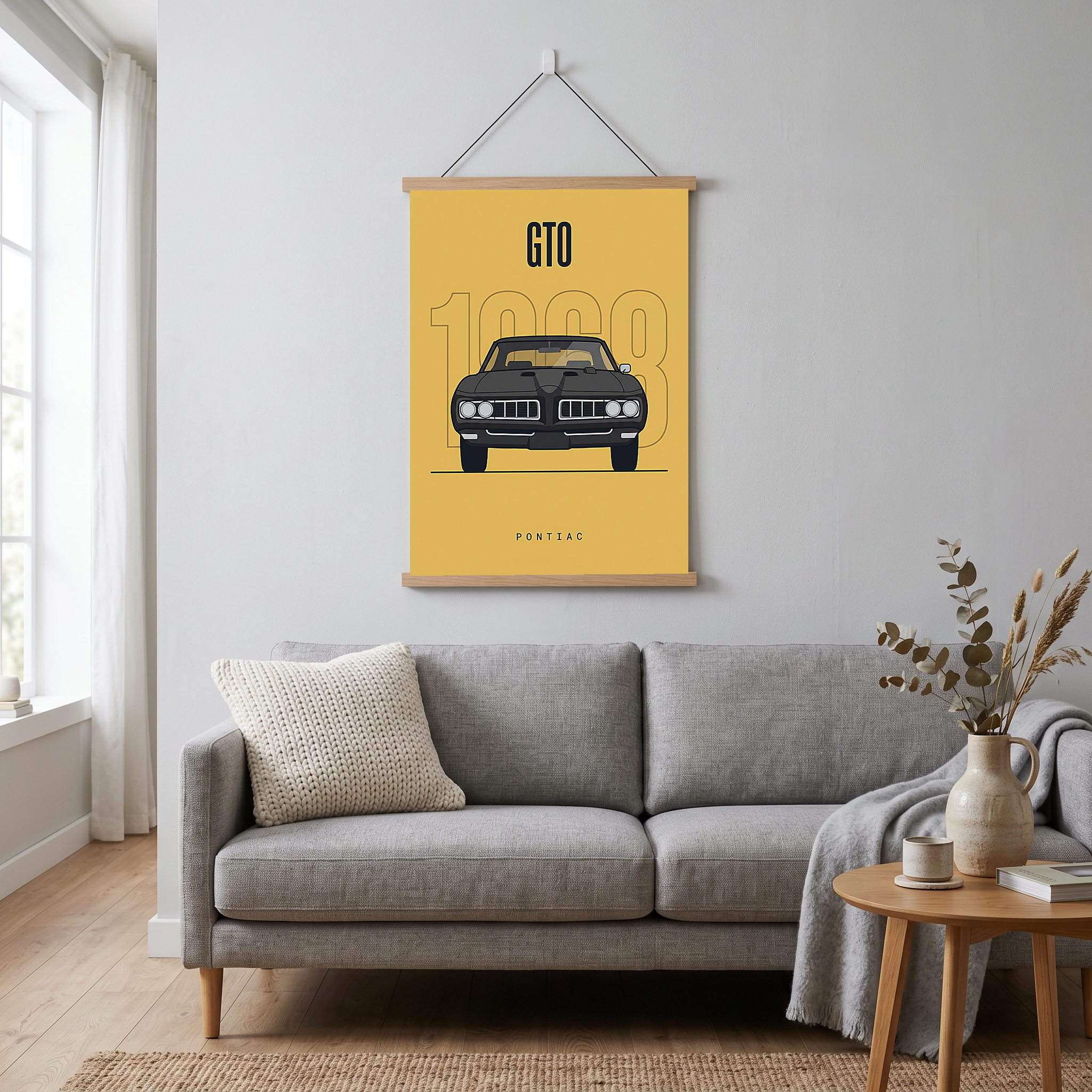 Pontiac GTO 1968 Minimalist Poster — Golden Yellow Muscle Car Line Art