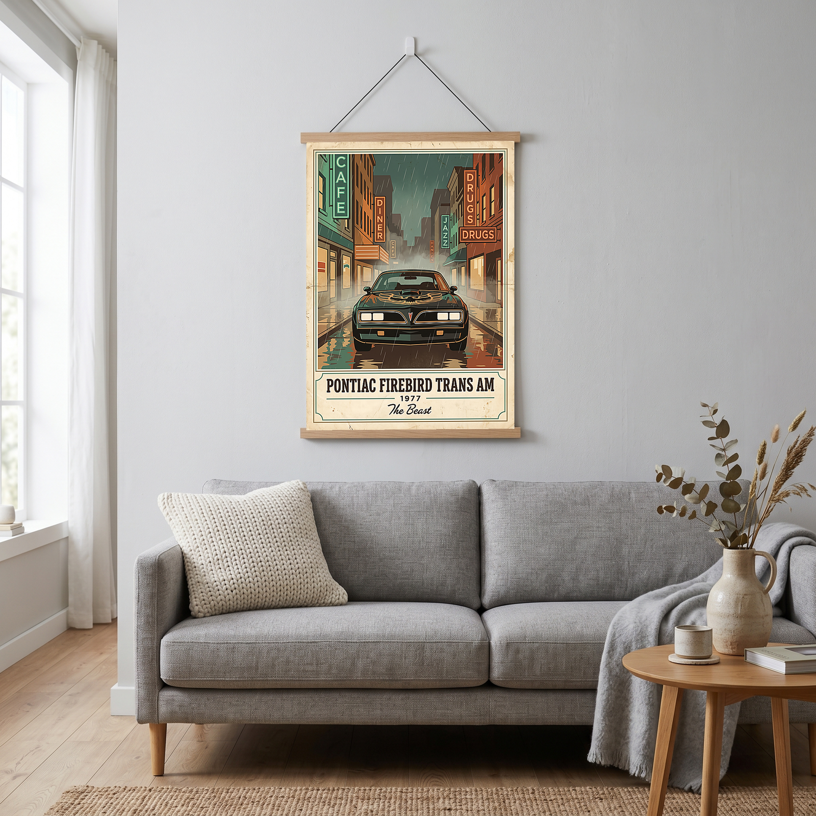 Pontiac Firebird Trans Am 1977 Poster — Vintage Muscle Bandit Rainy Noir Street Print