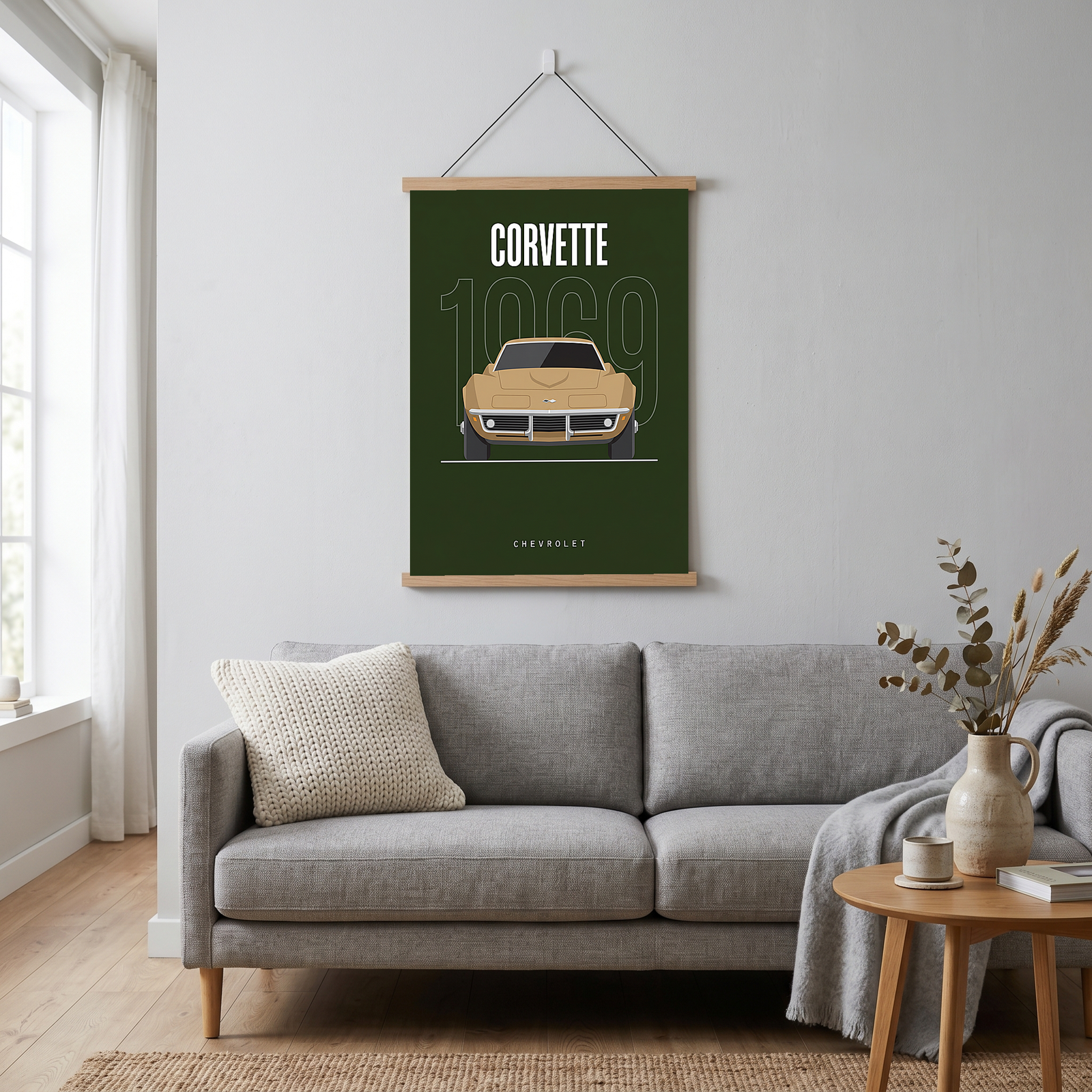 Chevrolet Corvette 1969 Minimalist Poster — Forest Green Muscle Car Line Art