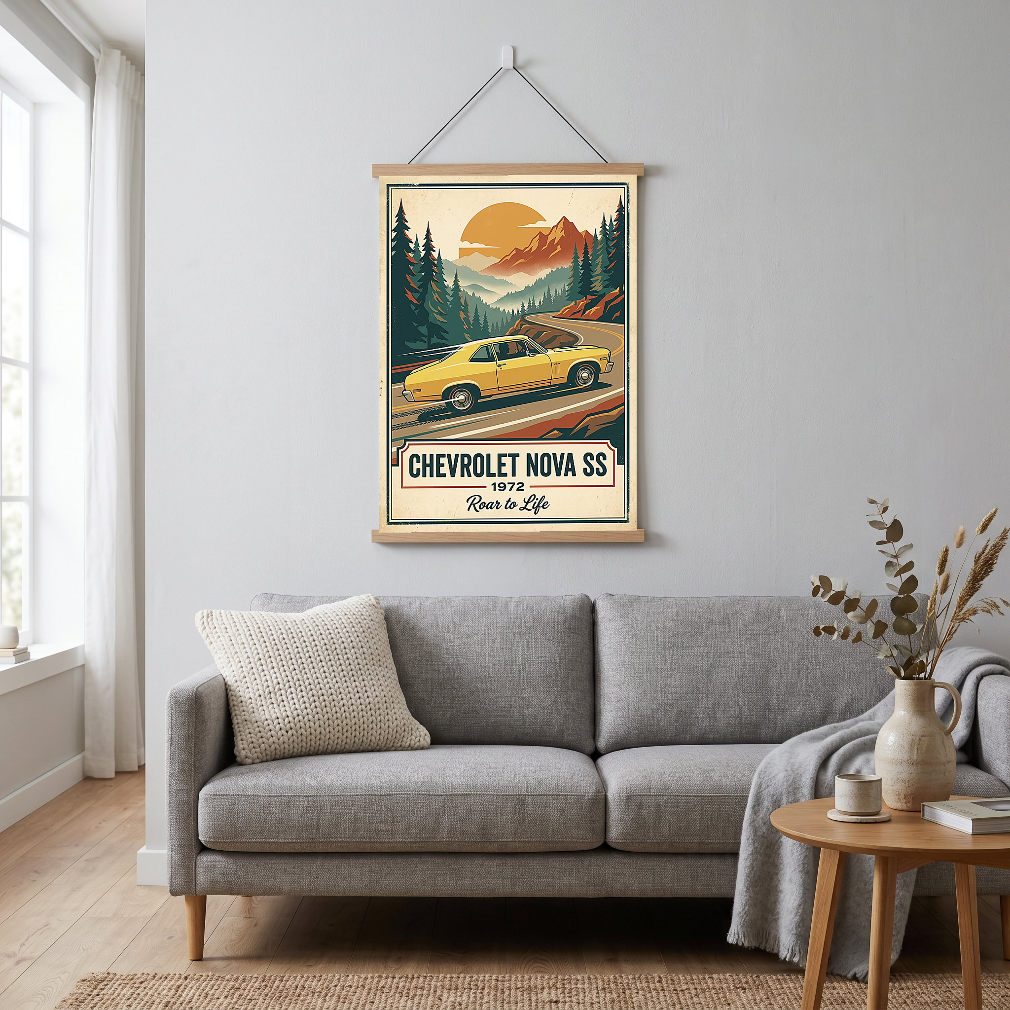 Chevrolet Nova SS 1972 V2 Poster — Vintage Muscle Mountain Pine Winding Road Print