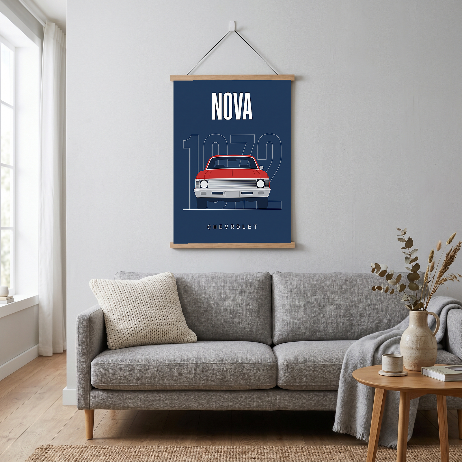 Chevrolet Nova 1972 Minimalist Poster — Red on Navy Compact Muscle Line Art