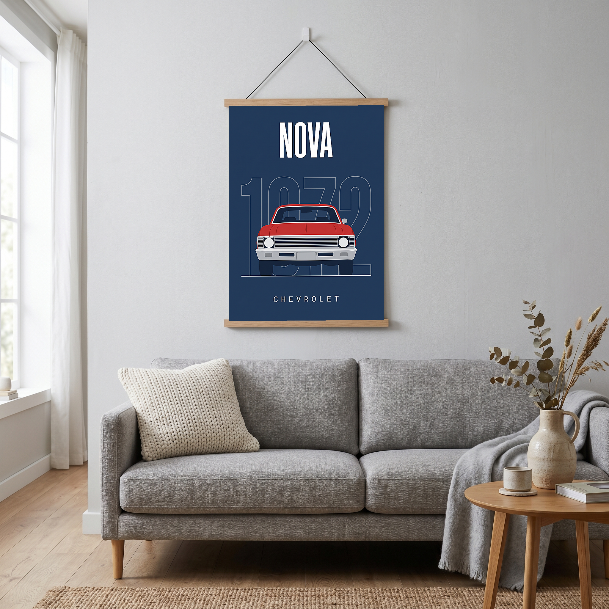 Chevrolet Nova 1972 Minimalist Poster — Red on Navy Compact Muscle Line Art