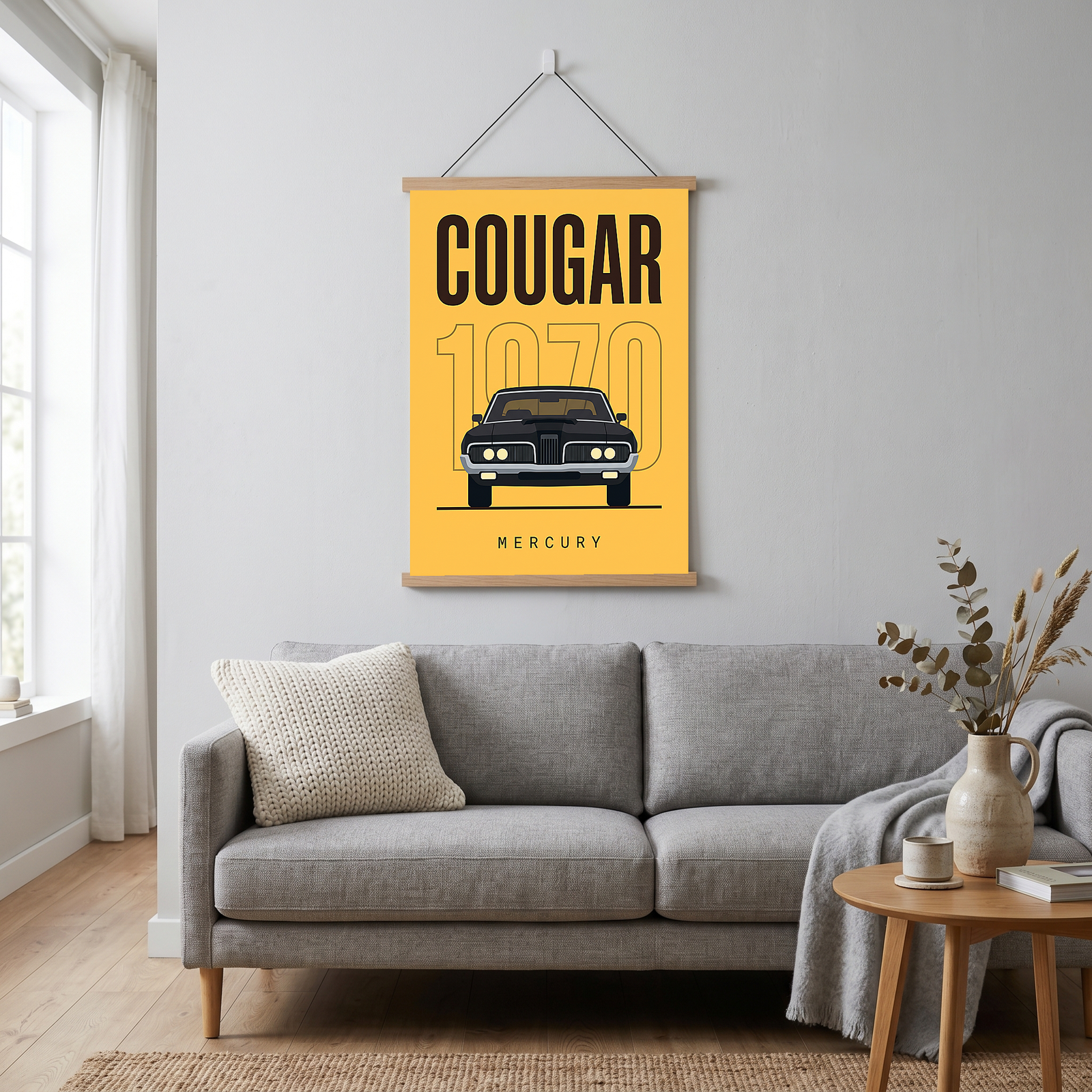 Mercury Cougar 1970 Minimalist Poster — Golden Yellow Muscle Car Line Art