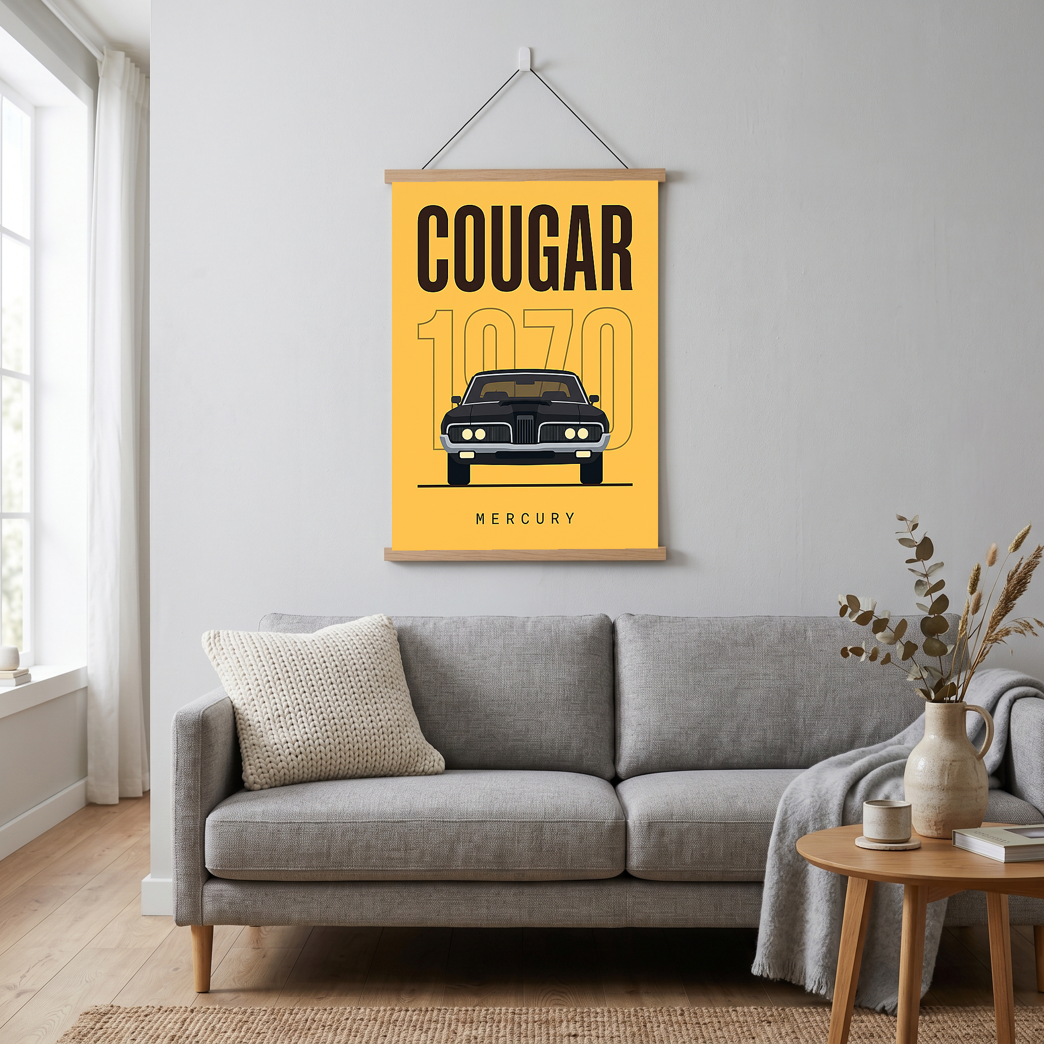 Mercury Cougar 1970 Minimalist Poster — Golden Yellow Muscle Car Line Art