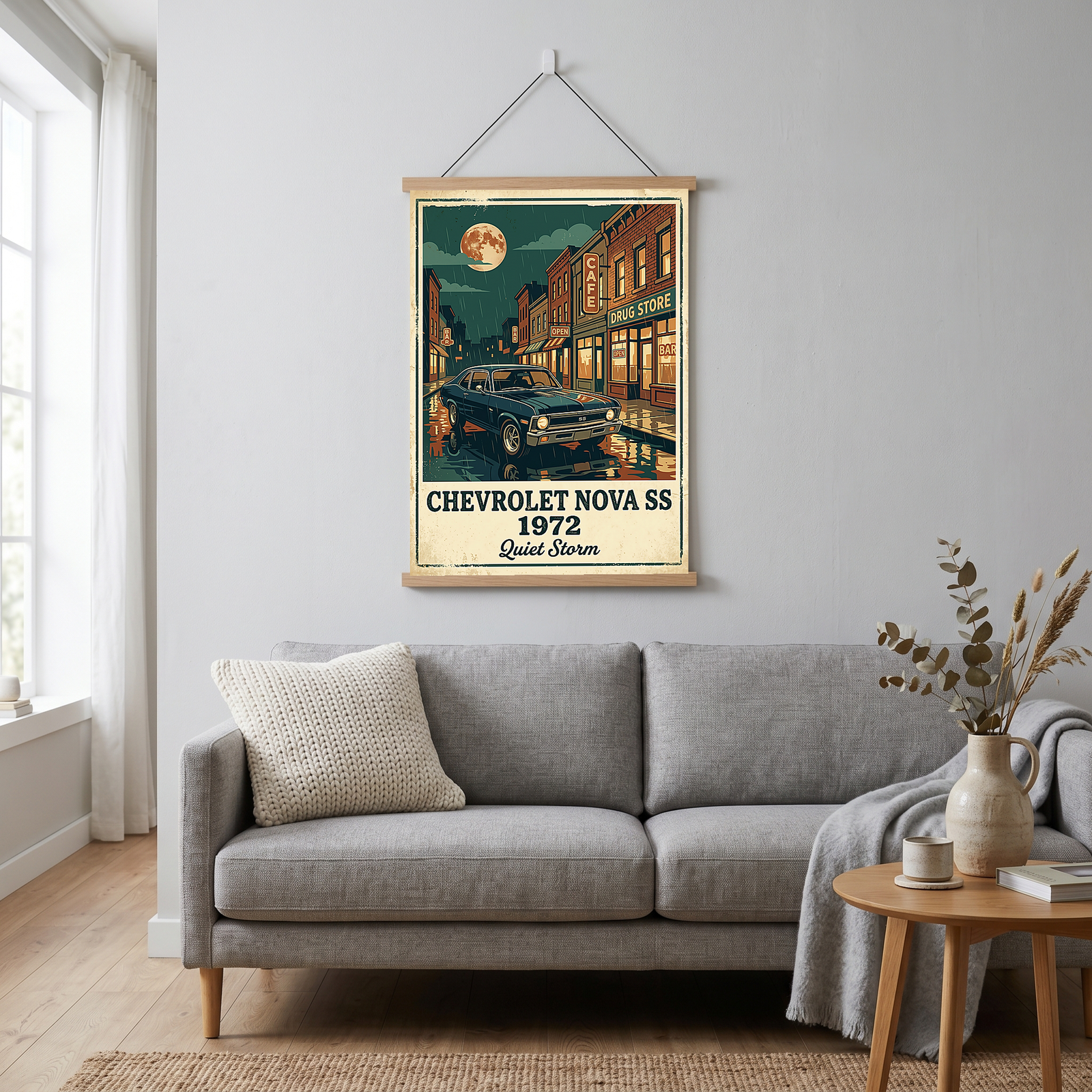 Chevrolet Nova SS 1972 Poster — Vintage Muscle Car Rainy Night Street Print