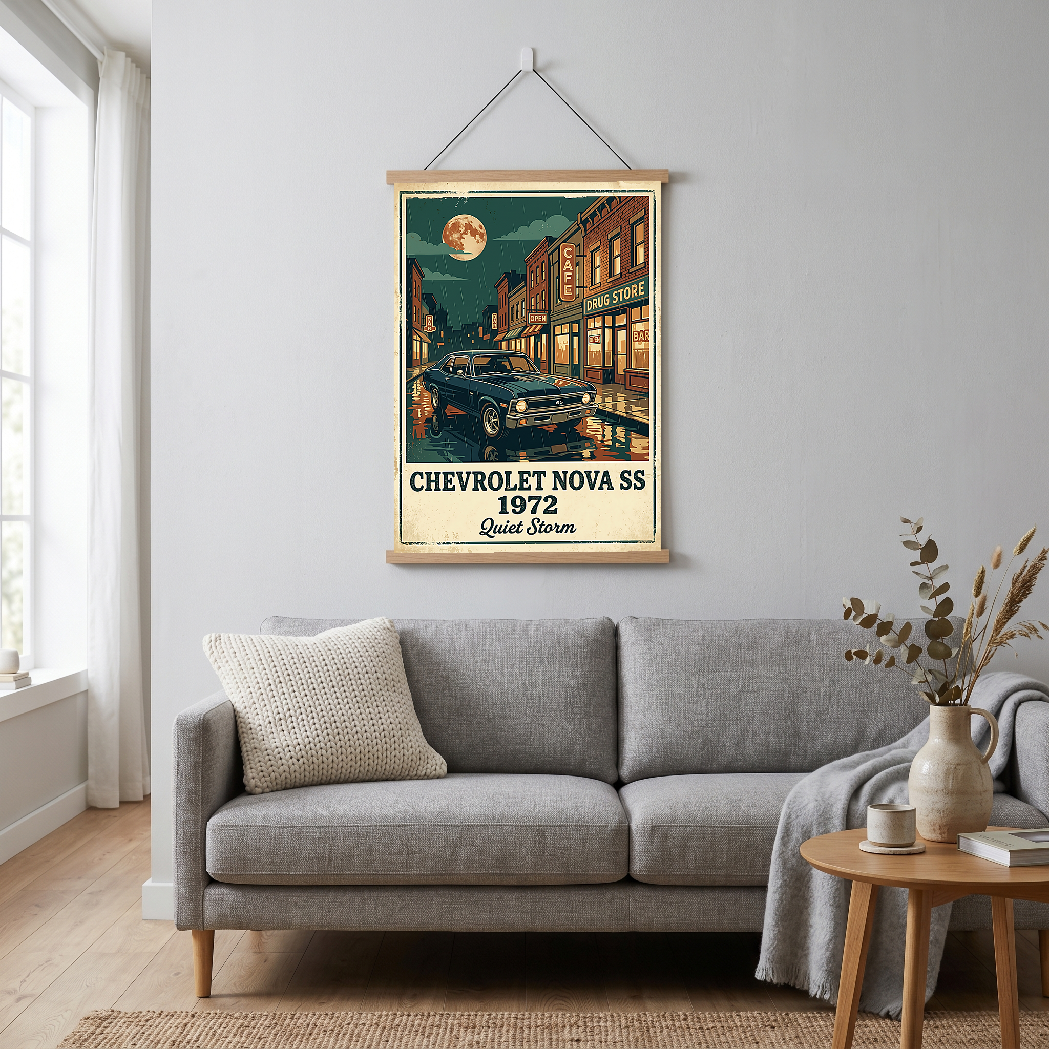 Chevrolet Nova SS 1972 Poster — Vintage Muscle Car Rainy Night Street Print