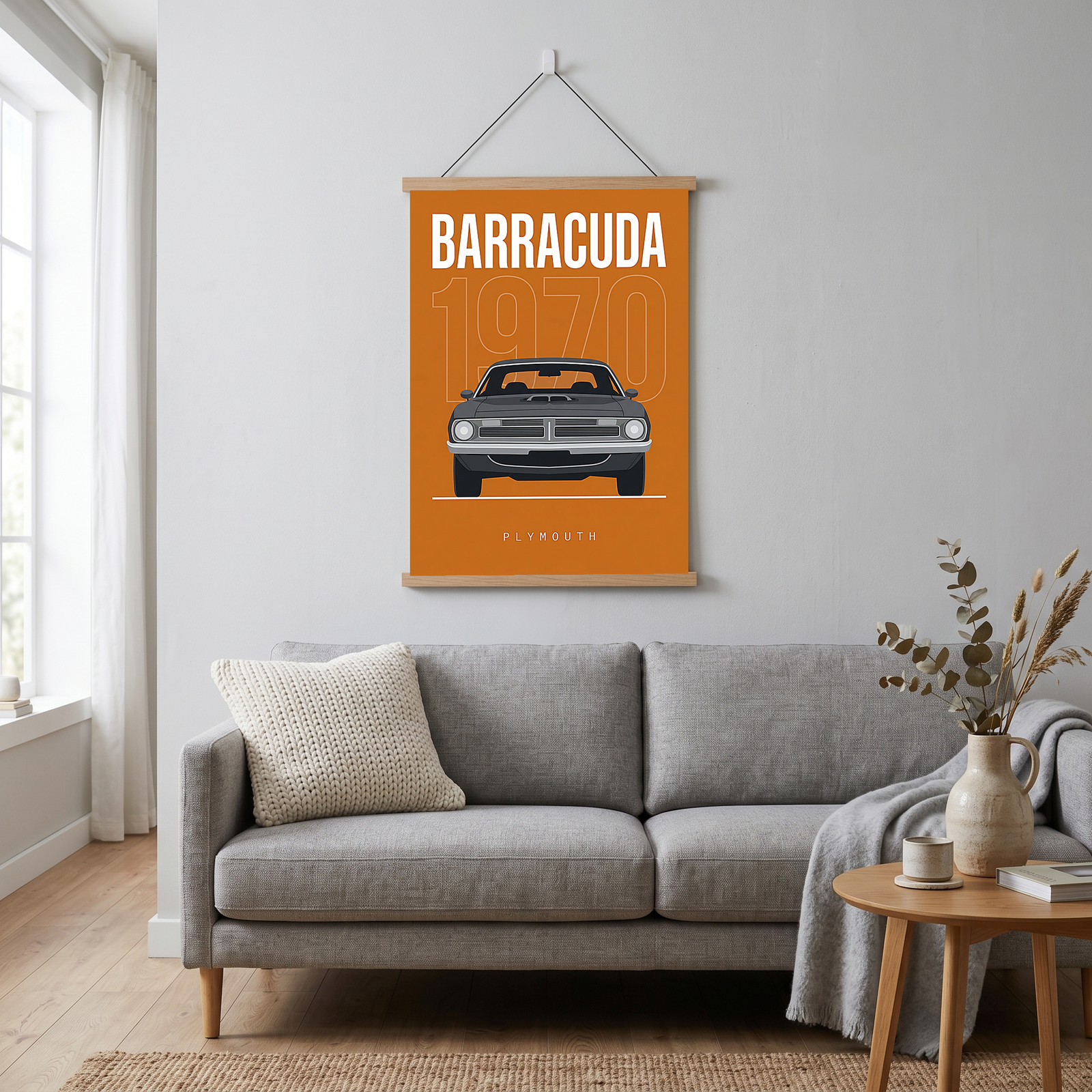Plymouth Barracuda 1970 Minimalist Poster — Orange Muscle Car Line Art