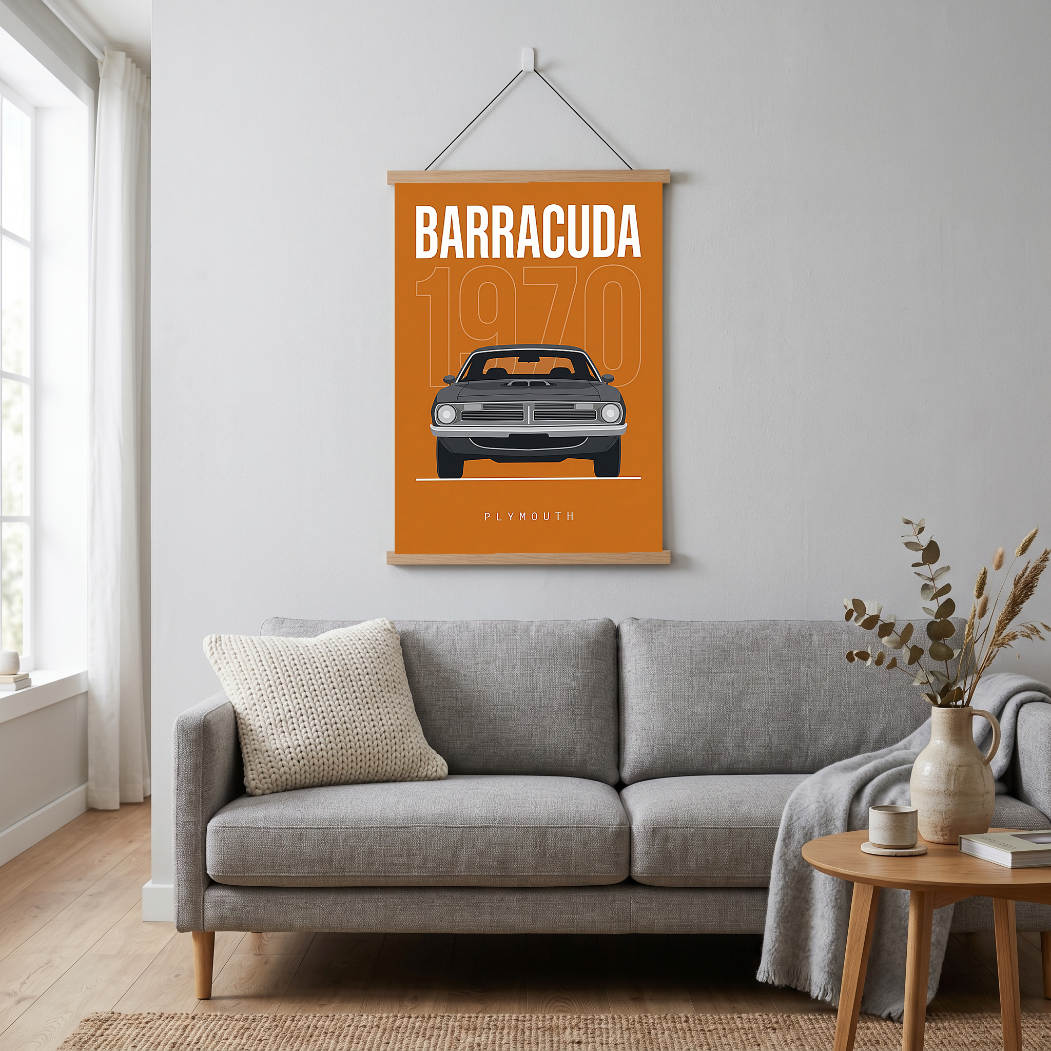 Plymouth Barracuda 1970 Minimalist Poster — Orange Muscle Car Line Art