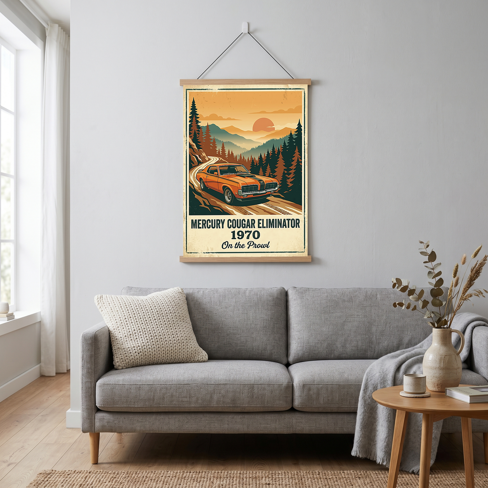 Mercury Cougar Eliminator 1970 V2 Poster — Vintage Muscle Car Pine Forest Sunset