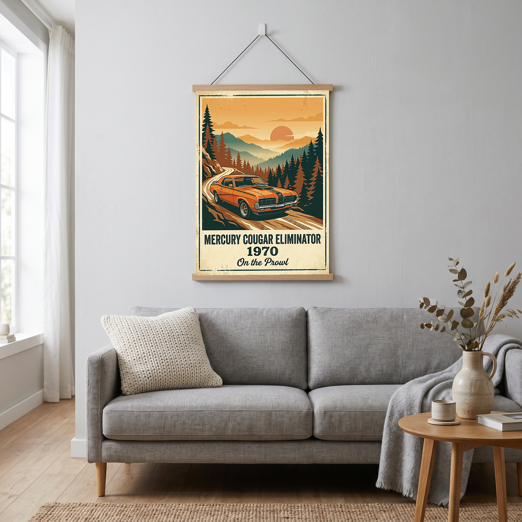 Mercury Cougar Eliminator 1970 V2 Poster — Vintage Muscle Car Pine Forest Sunset