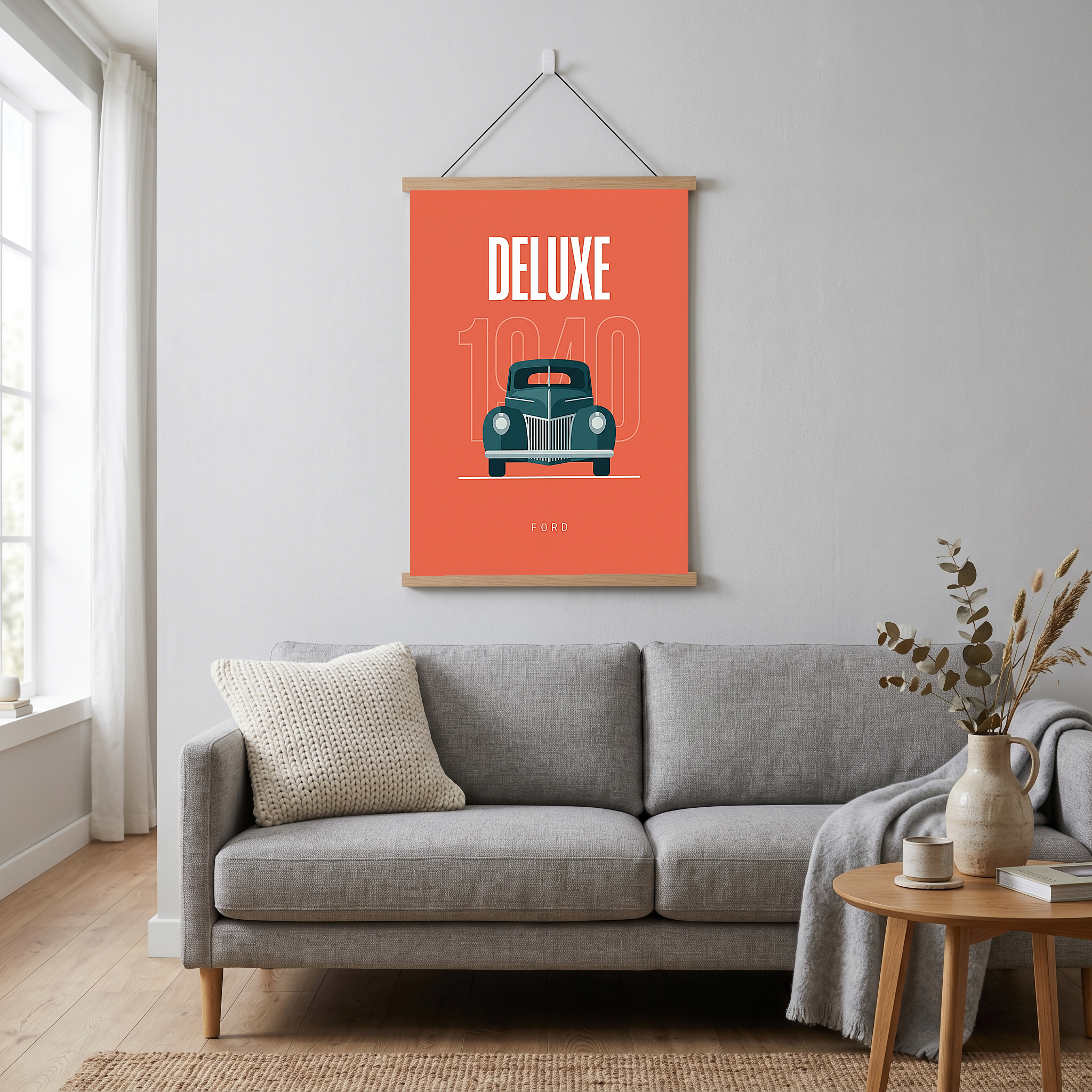 Ford Deluxe 1940 Minimalist Poster — Coral Pre-War Classic Line Art