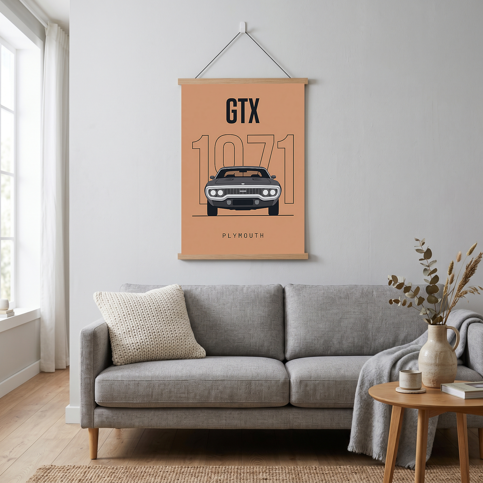 Plymouth GTX 1971 Minimalist Poster — Peach B-Body Muscle Line Art