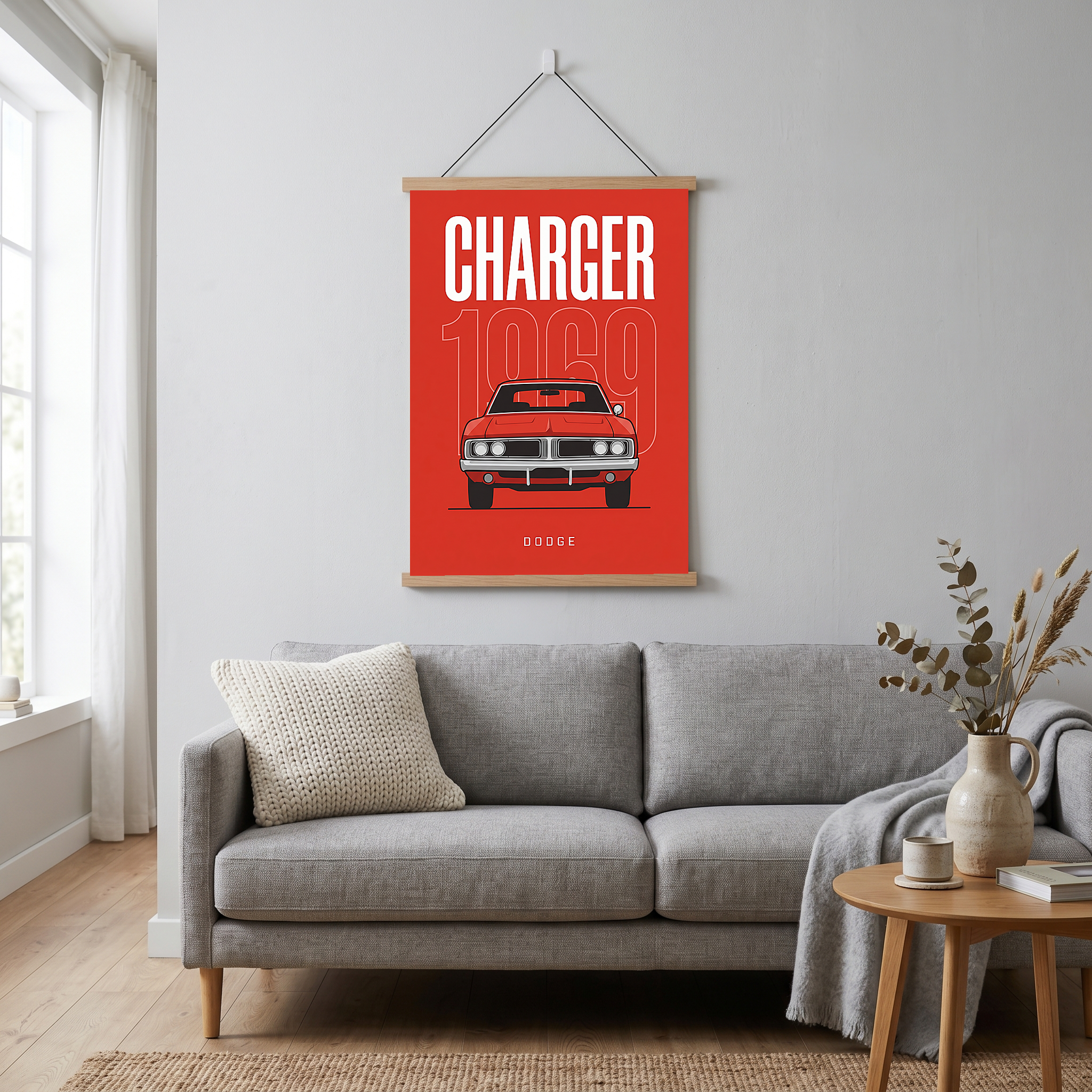 Dodge Charger 1969 Minimalist Poster — Red Muscle Car Line Art