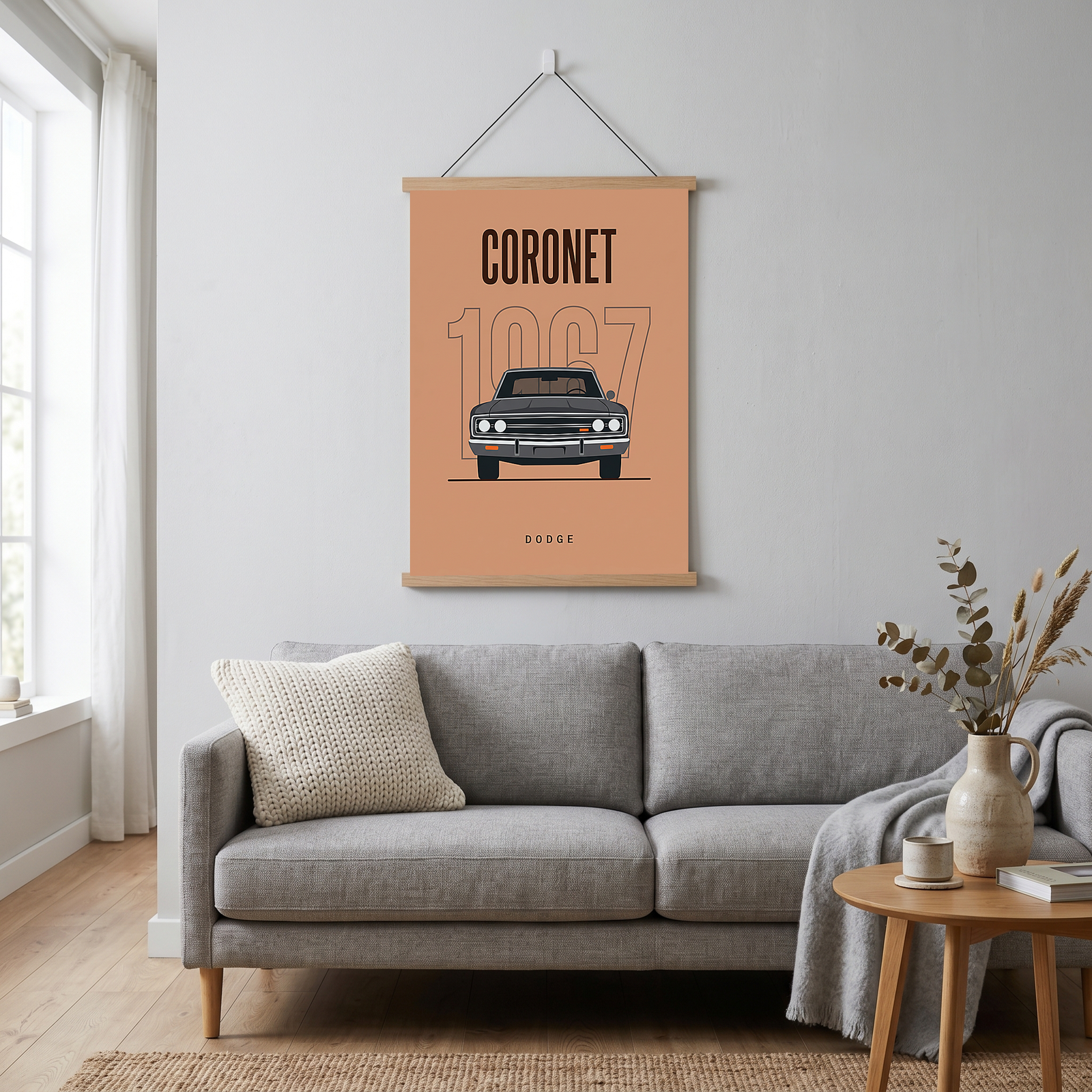 Dodge Coronet 1967 Minimalist Poster — Peach Muscle Car Line Art